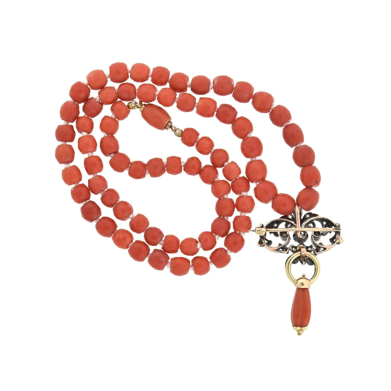 Rose Cut Victorian Diamond Pin/Pendant and Natural Coral Beaded Necklace For Sale