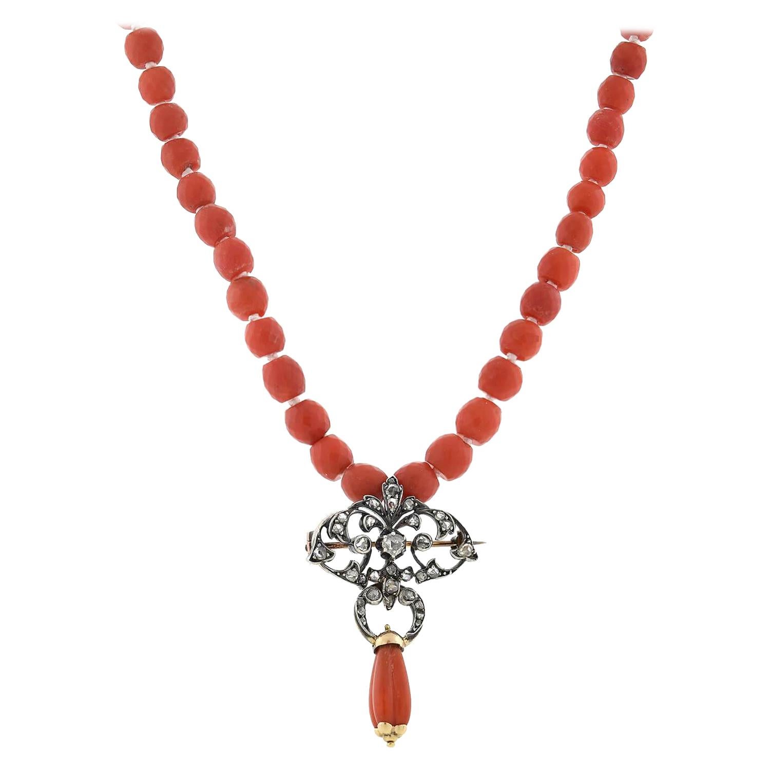 Collier victorien à épingle/pendentif en perles de diamants et corail naturel