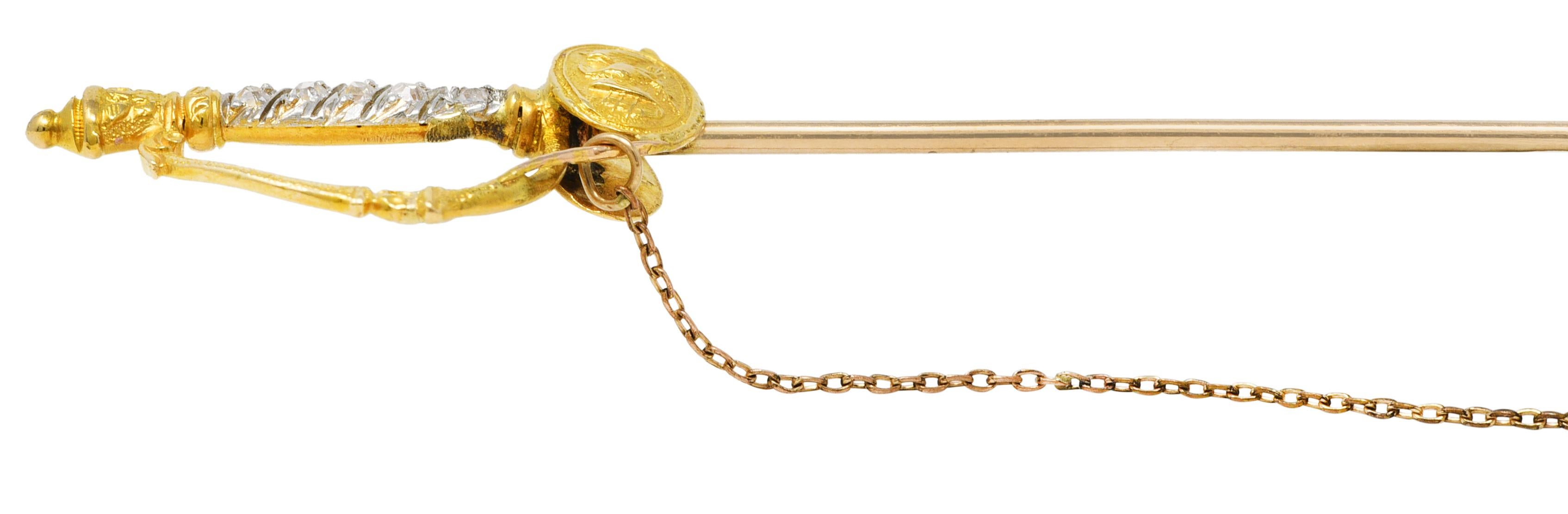 Victorian Diamond Platinum 14 Karat Gold Officer's Sword Antique Jabot Brooch 1