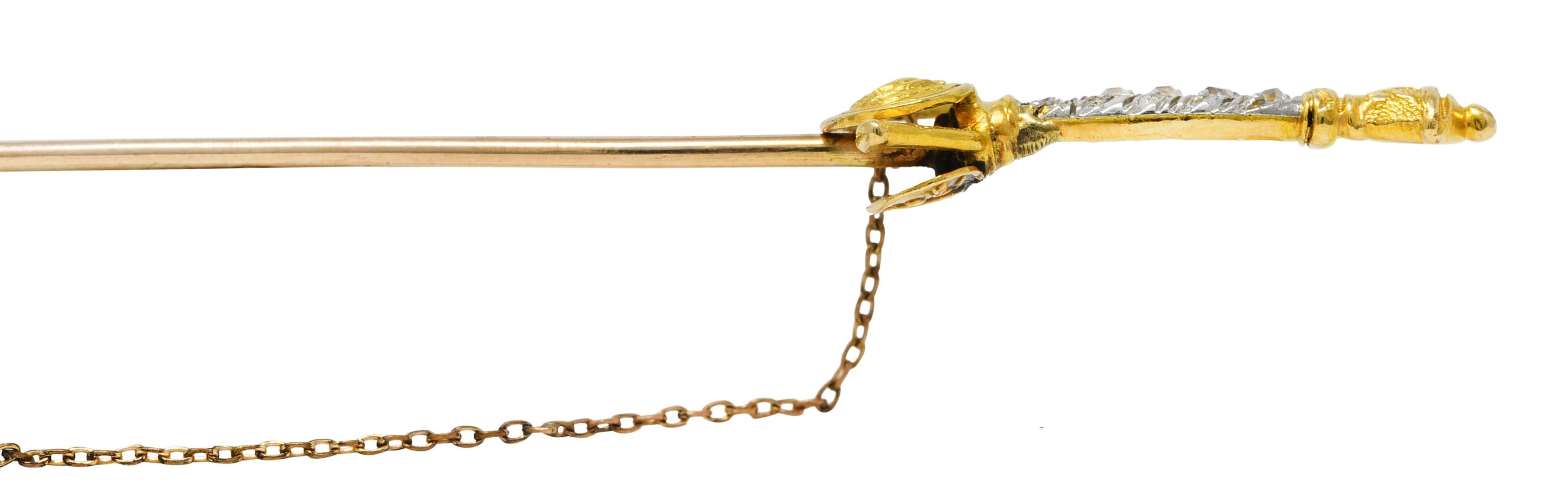 Victorian Diamond Platinum 14 Karat Gold Officer's Sword Antique Jabot Brooch 2