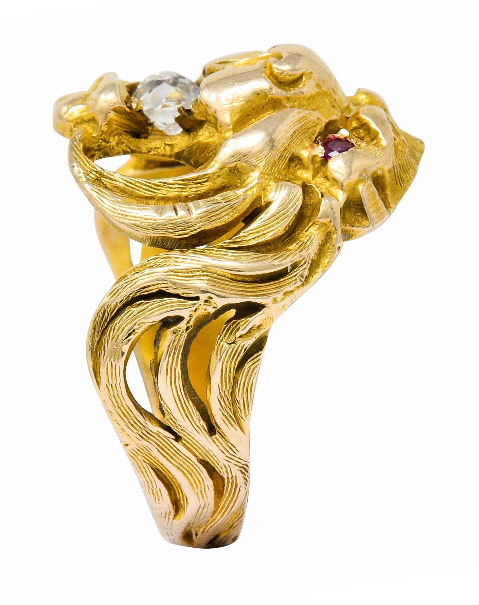 Victorian Diamond Ruby 14 Karat Gold Lion Band Ring 5
