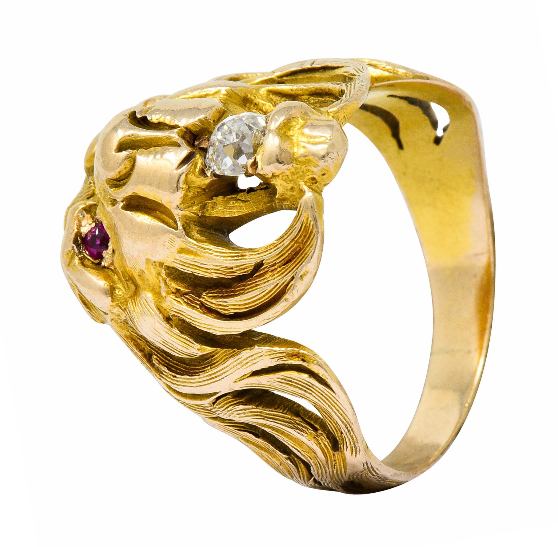 Victorian Diamond Ruby 14 Karat Gold Lion Band Ring 7