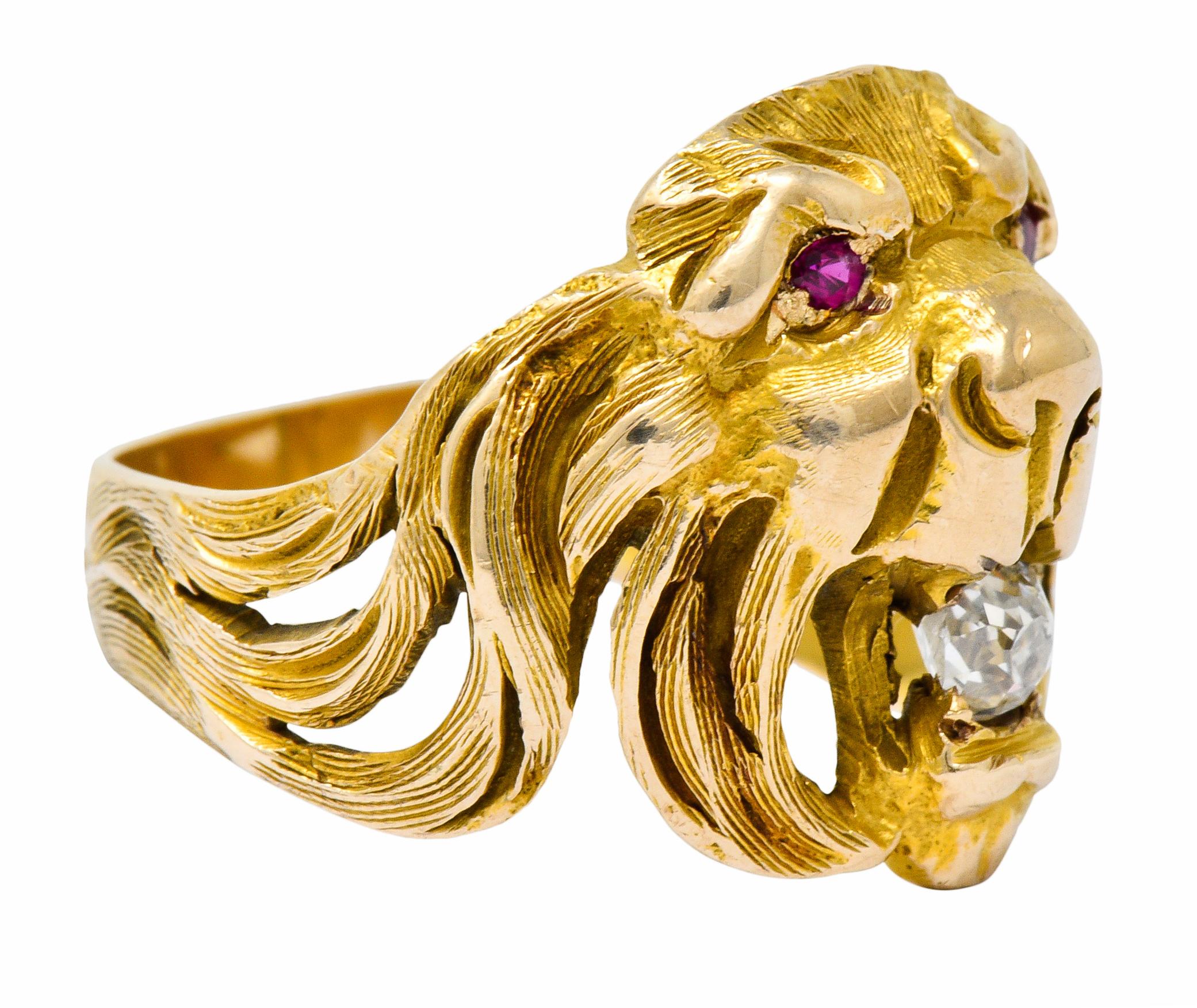 Round Cut Victorian Diamond Ruby 14 Karat Gold Lion Band Ring