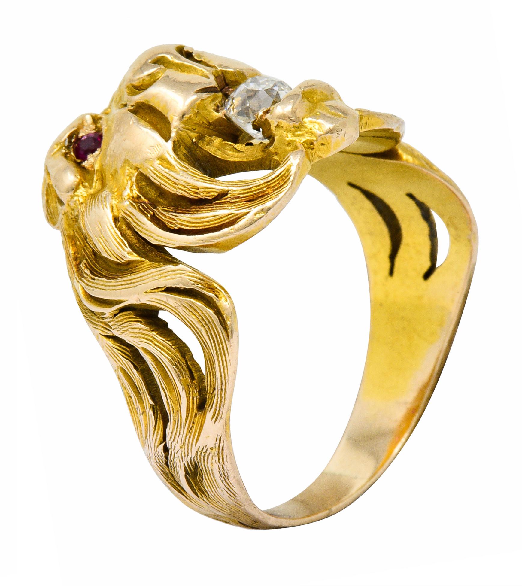 Victorian Diamond Ruby 14 Karat Gold Lion Band Ring 3