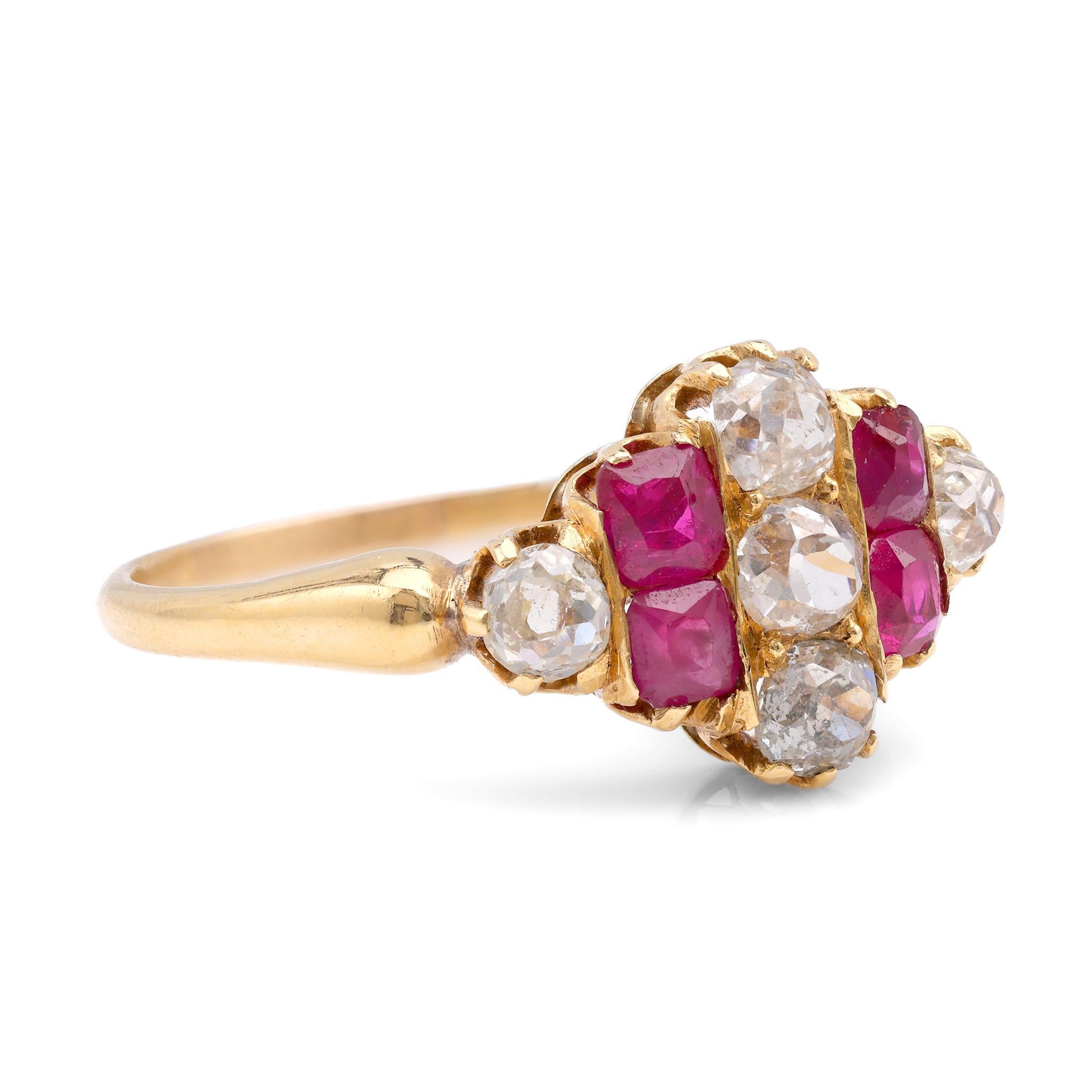 Viktorianischer Diamant-Rubin-Ring aus 14 Karat Gelbgold (Alteuropäischer Brillantschliff)