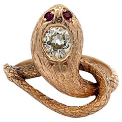 Victorian Diamond Ruby 14k Yellow Gold Snake Ring