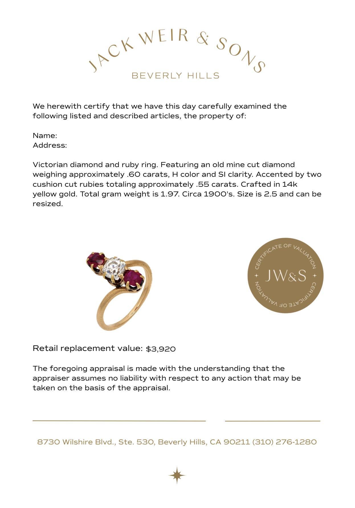 Victorian diamond ruby 14k yellow gold three stone ring Bon état - En vente à Beverly Hills, CA