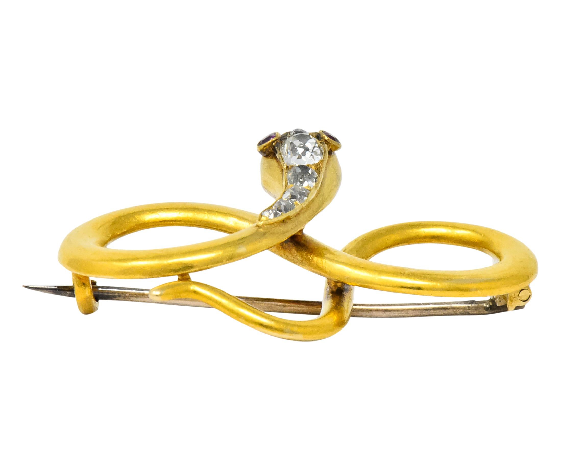 Victorian Diamond Ruby 18 Karat Gold Infinity Snake Brooch, circa 1900 1
