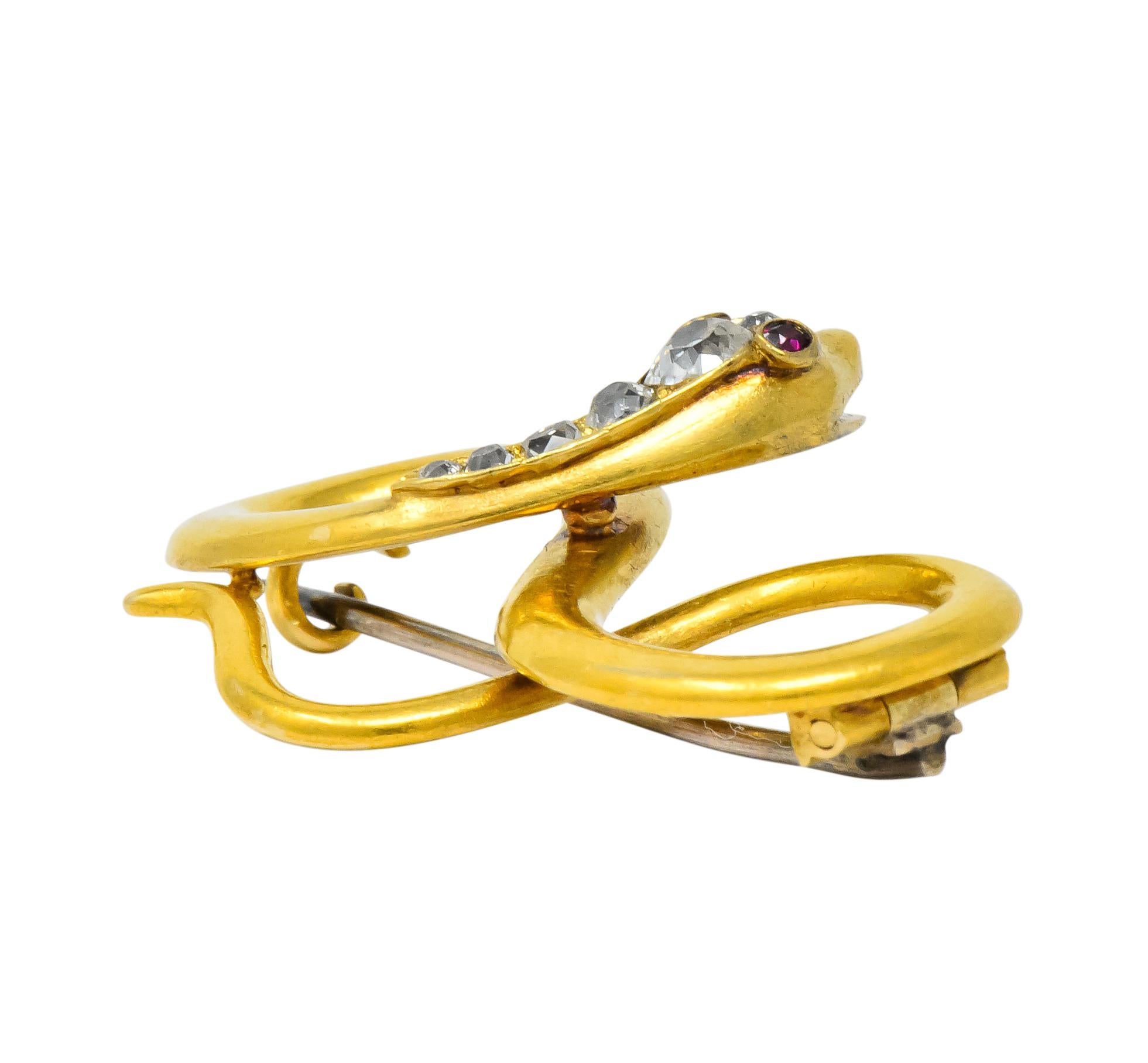 Victorian Diamond Ruby 18 Karat Gold Infinity Snake Brooch, circa 1900 2