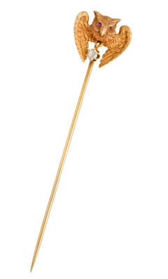 Victorian Diamond Ruby 18 Karat Gold Owl Stickpin, circa 1900