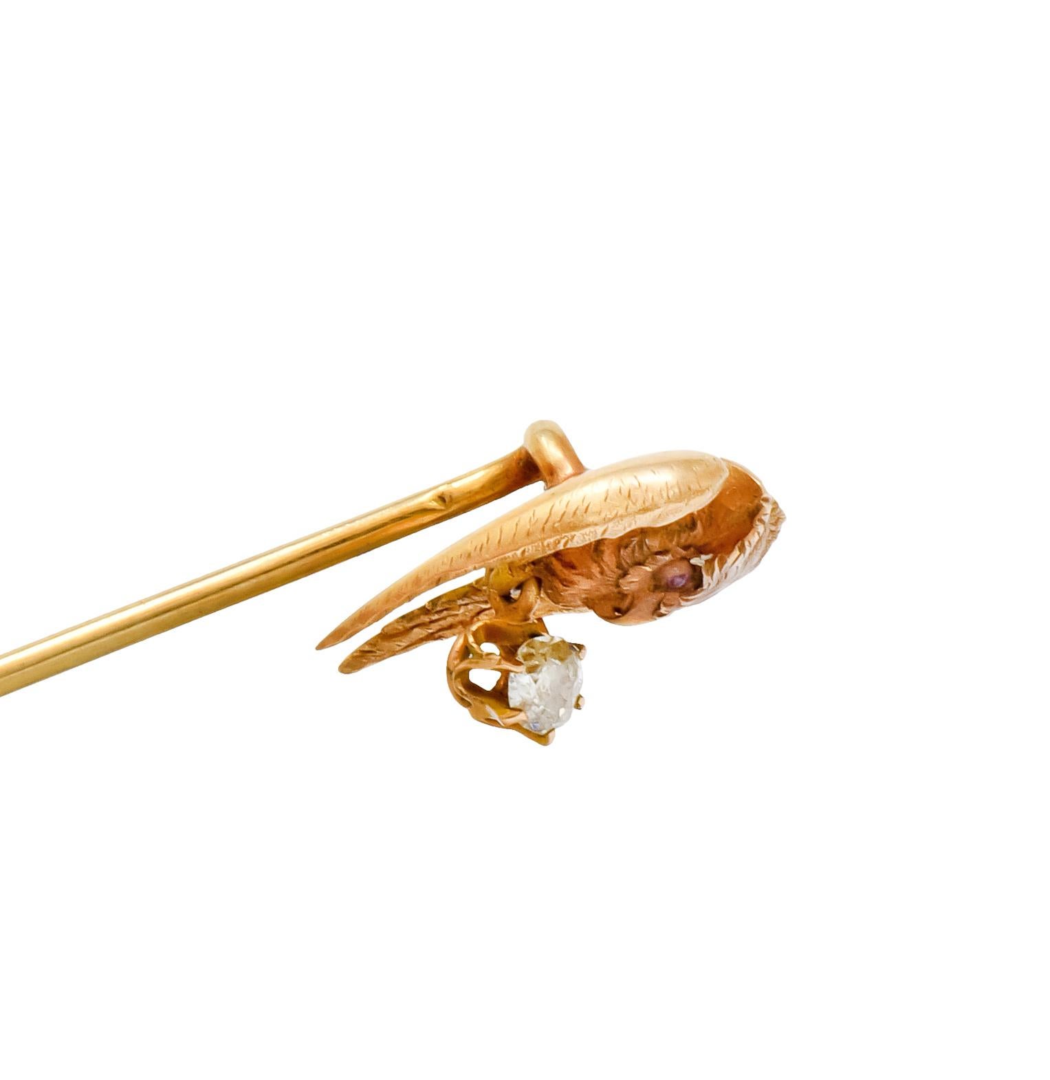 Victorian Diamond Ruby 18 Karat Gold Owl Stickpin, circa 1900 2