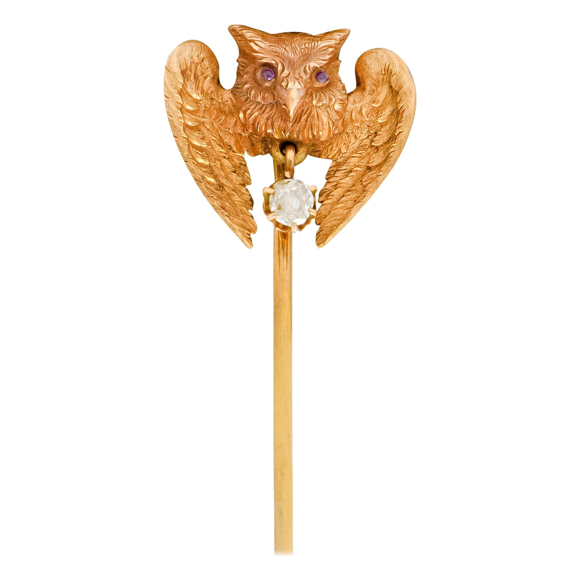 Victorian Diamond Ruby 18 Karat Gold Owl Stickpin, circa 1900