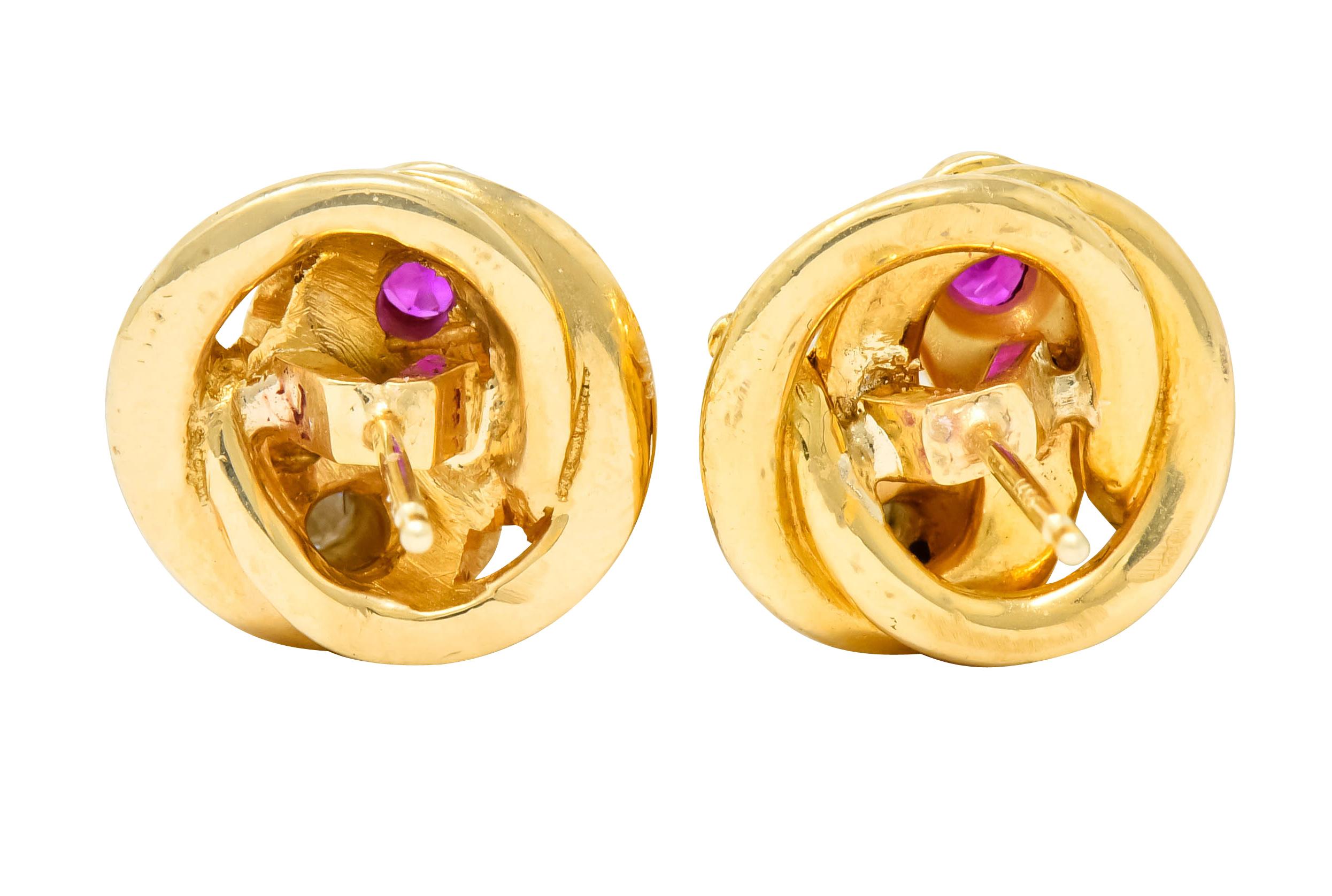 Victorian Diamond Ruby 18 Karat Yellow Gold Winding Snake Stud Earrings 1