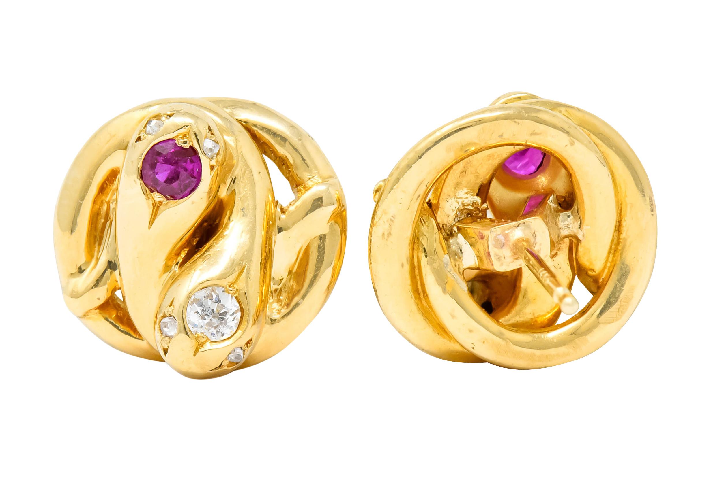 Victorian Diamond Ruby 18 Karat Yellow Gold Winding Snake Stud Earrings 2