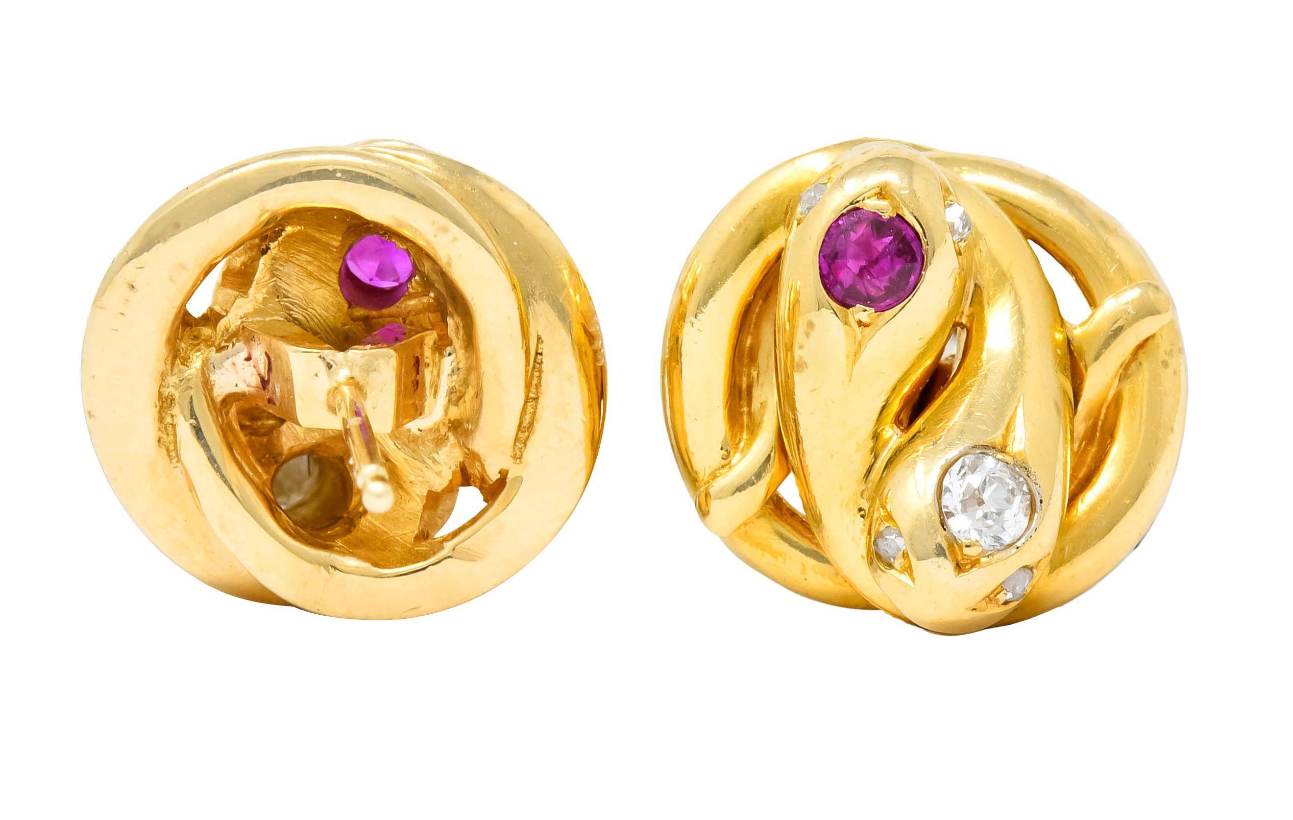 Victorian Diamond Ruby 18 Karat Yellow Gold Winding Snake Stud Earrings 3