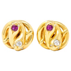 Antique Victorian Diamond Ruby 18 Karat Yellow Gold Winding Snake Stud Earrings