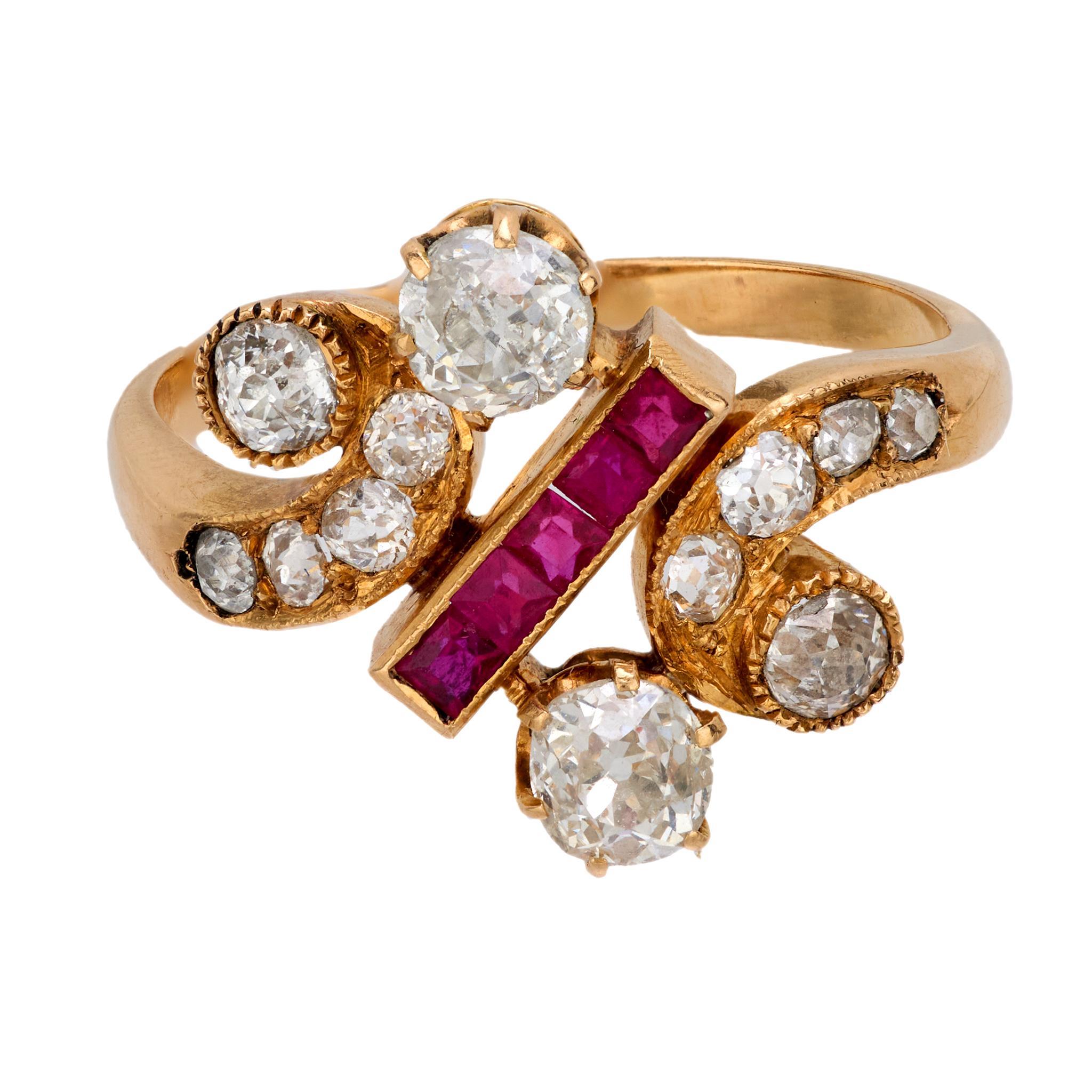 Old Mine Cut Victorian diamond ruby 18k rose gold ring For Sale