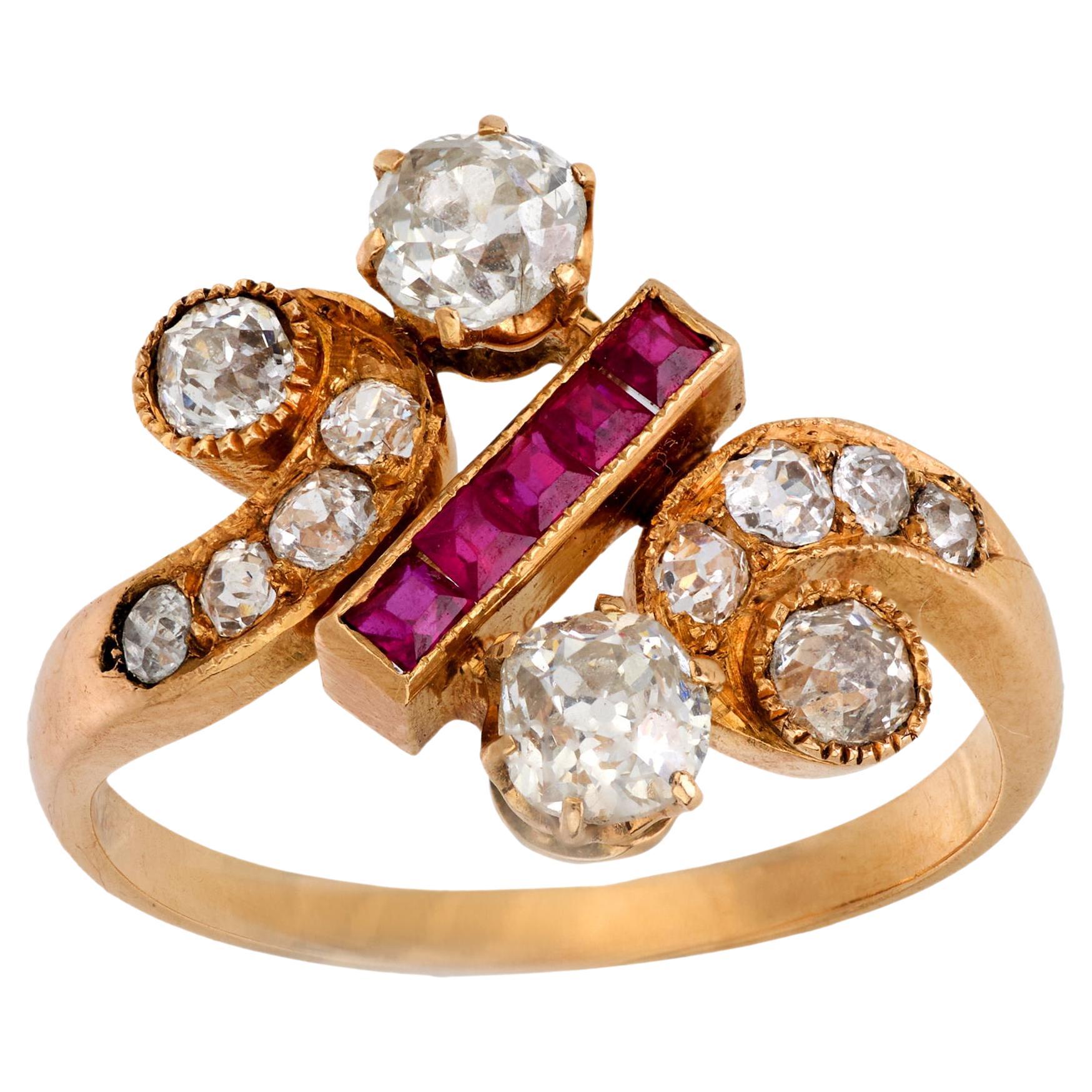 Victorian diamond ruby 18k rose gold ring