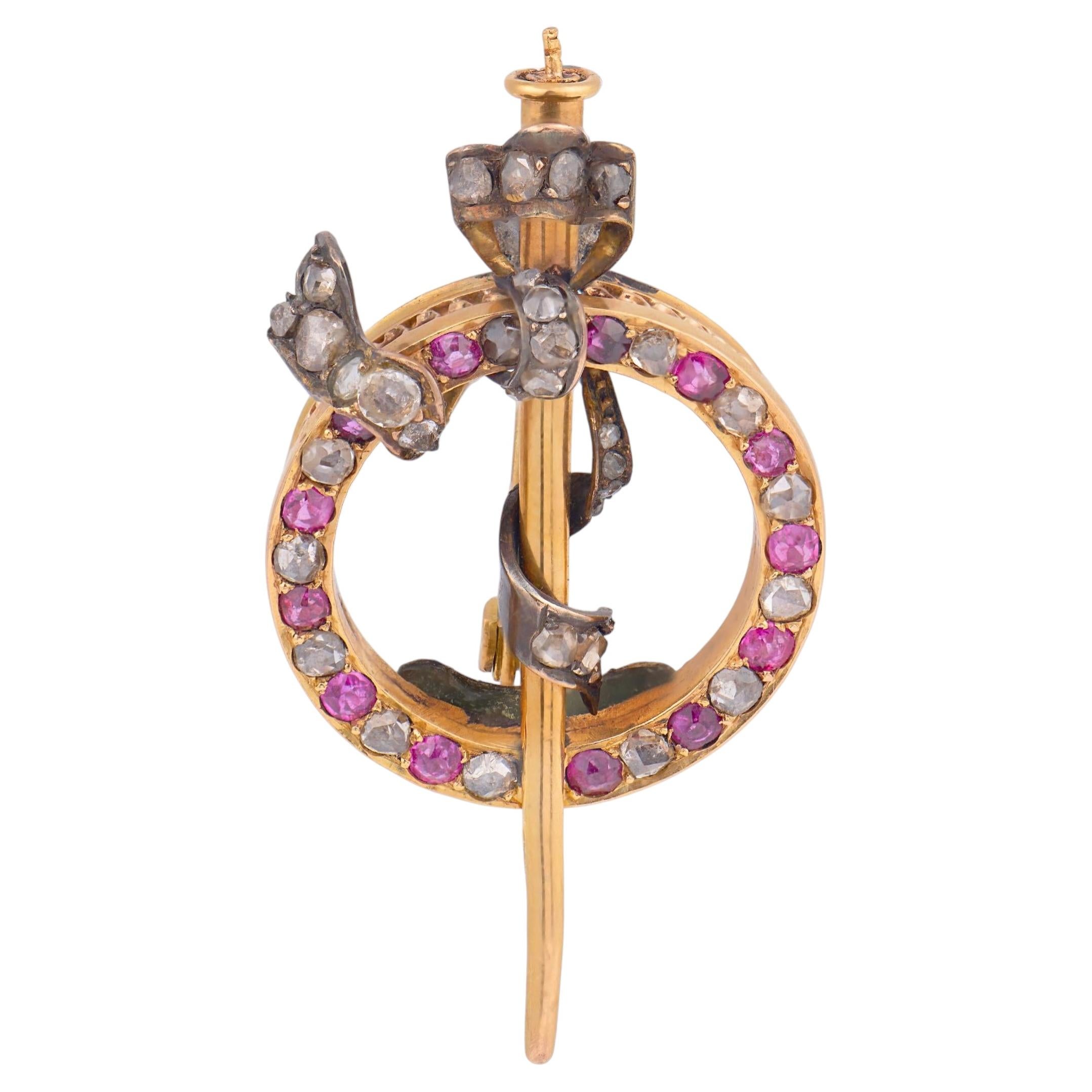 Broche victorienne en or jaune 18k diamant rubis