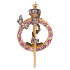 Broche victorienne en or jaune 18k diamant rubis