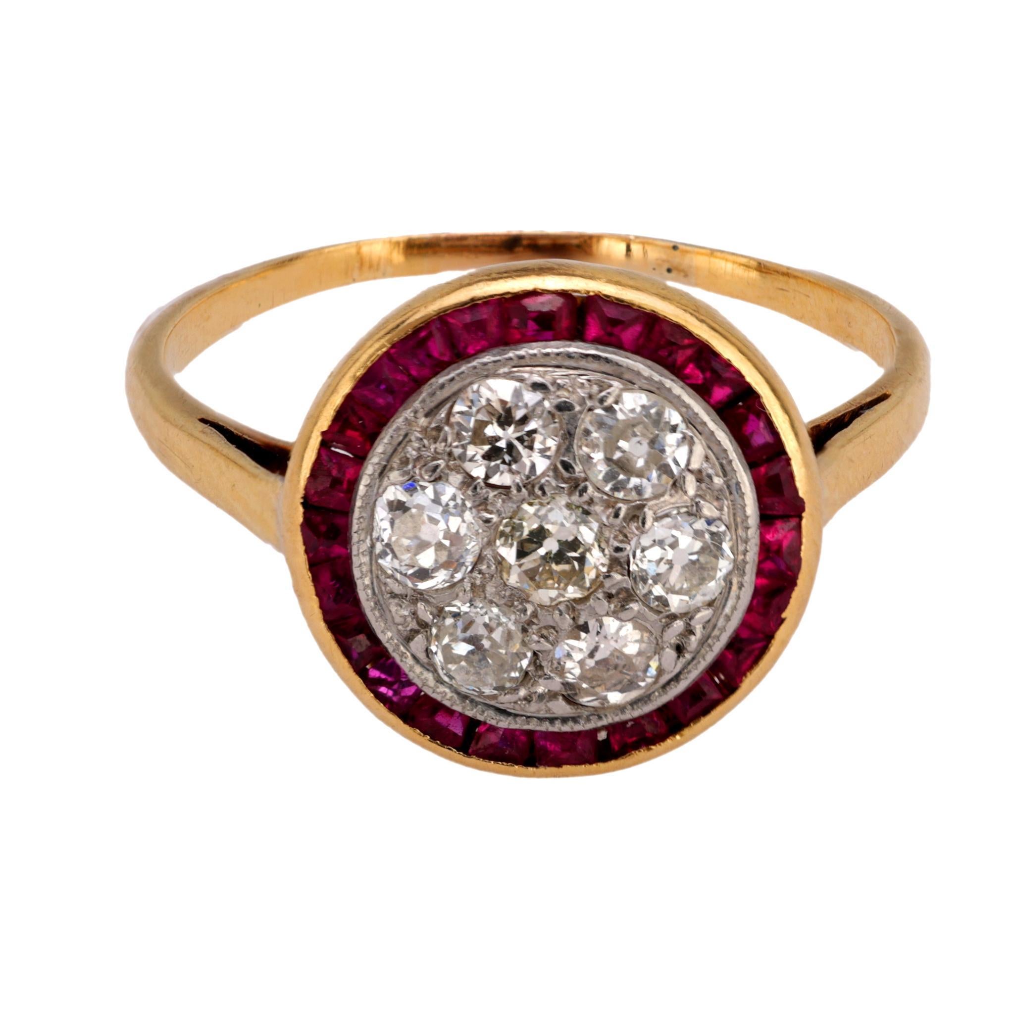 Victorien Bague cible victorienne en or jaune 18k diamant rubis