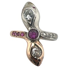 Victorian Diamond Ruby Double Head Snake Ring Platinum 18 Karat Rose Gold 