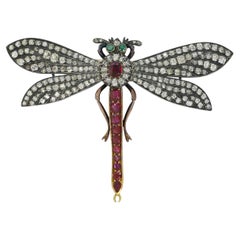 Victorian Diamond Ruby Dragonfly Brooch En Tremblant Pin 6 Carats Old Mine Cut