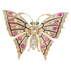 Antike viktorianische Schmetterlingsbrosche, Diamant Rubin Smaragd 14 Karat Gelbgold