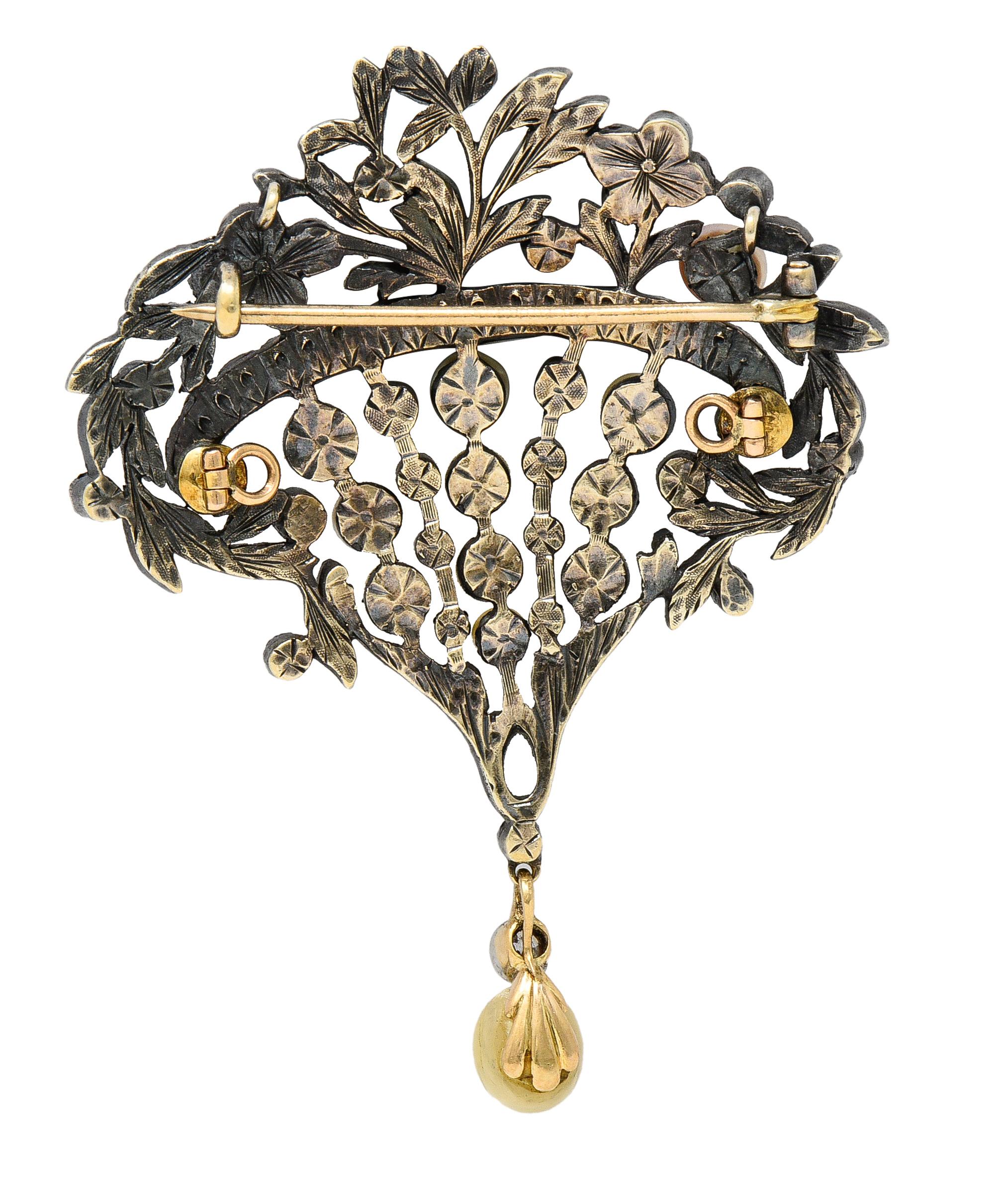 Viktorianische Diamant-Rubin-Smaragd-Perlen-Silber-Brosche mit Giardinetti-Anhänger aus 18 Karat (Rosenschliff) im Angebot
