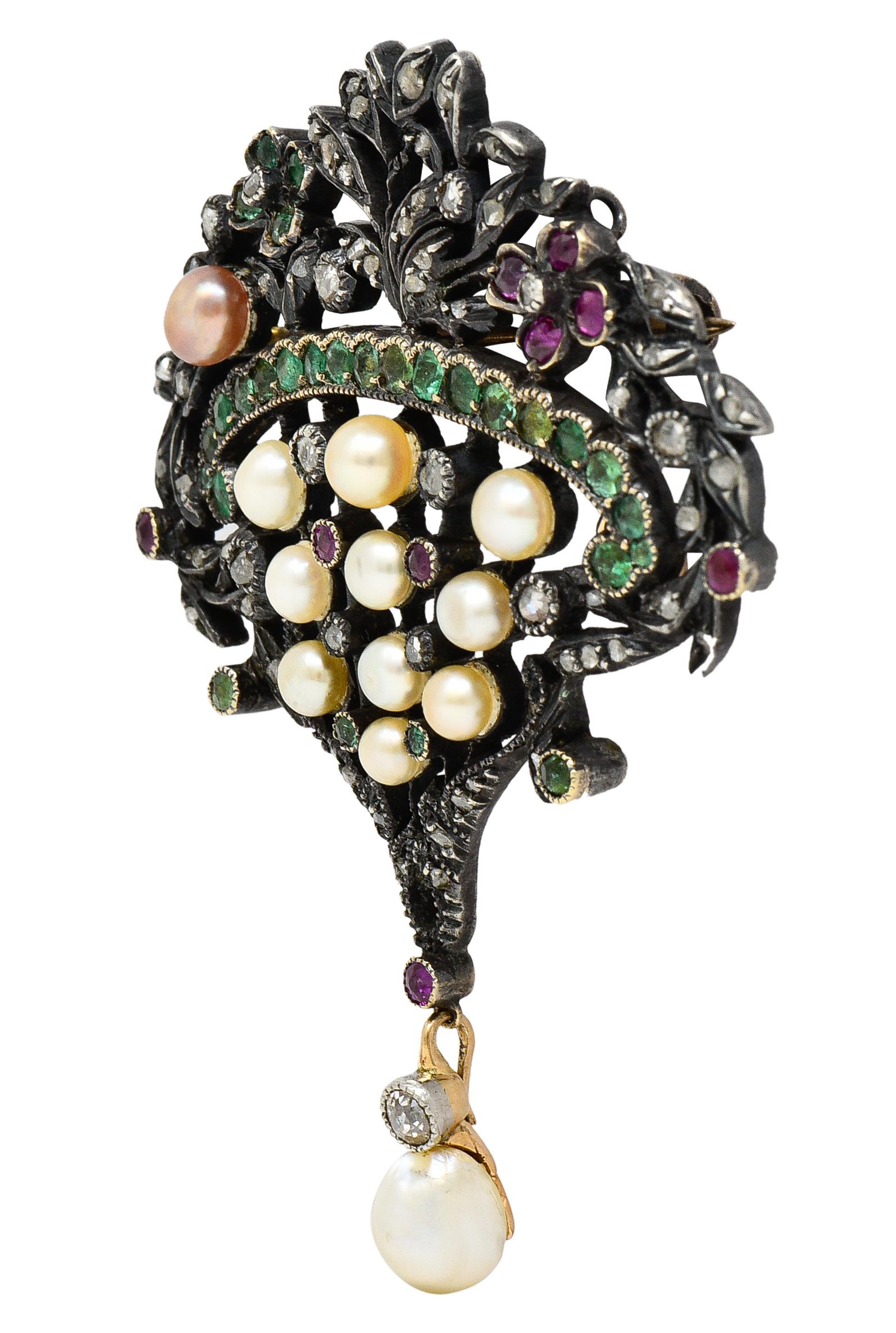 Viktorianische Diamant-Rubin-Smaragd-Perlen-Silber-Brosche mit Giardinetti-Anhänger aus 18 Karat im Zustand „Hervorragend“ im Angebot in Philadelphia, PA