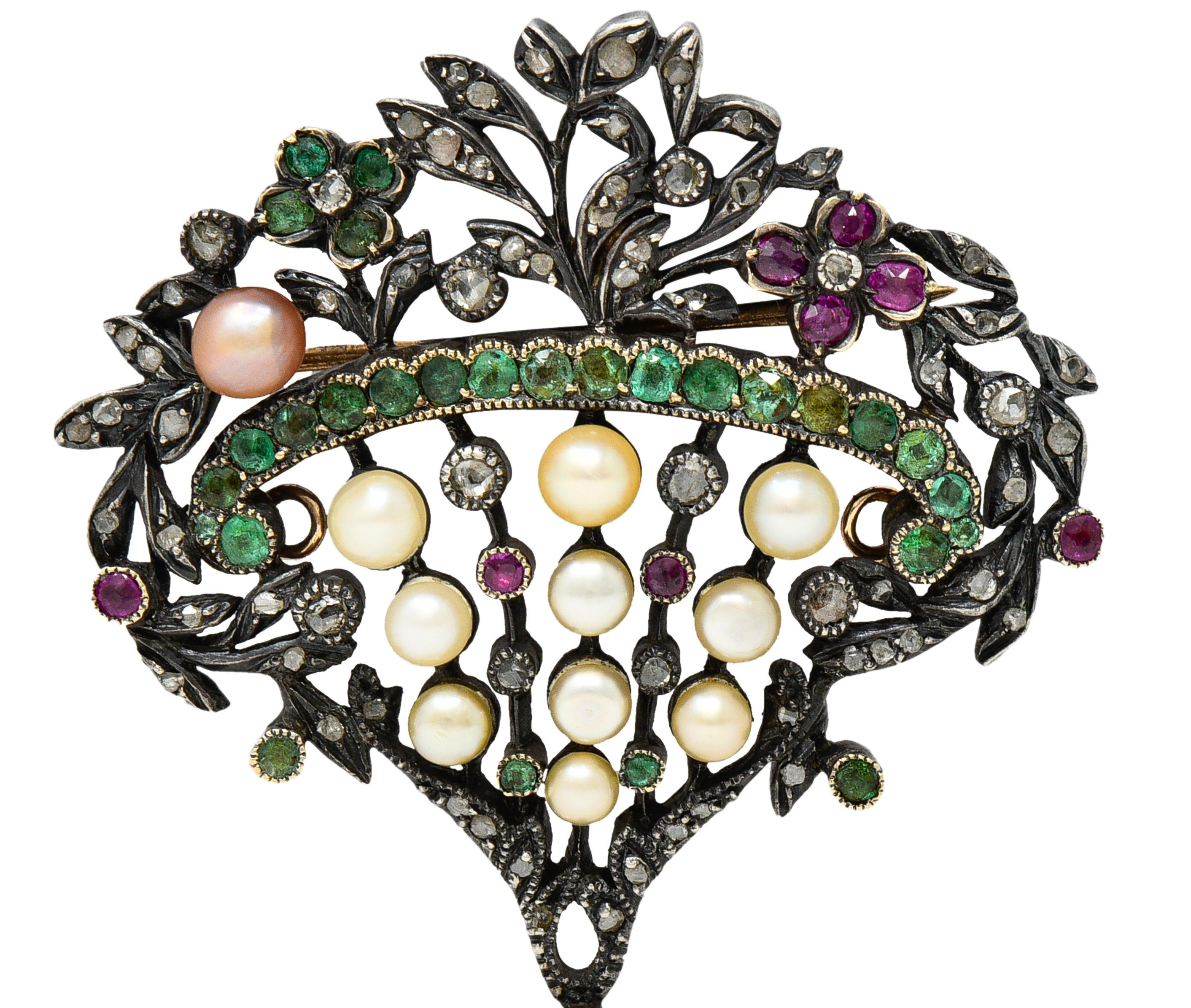 Women's or Men's Victorian Diamond Ruby Emerald Pearl Silver 18 Karat Giardinetti Pendant Brooch For Sale