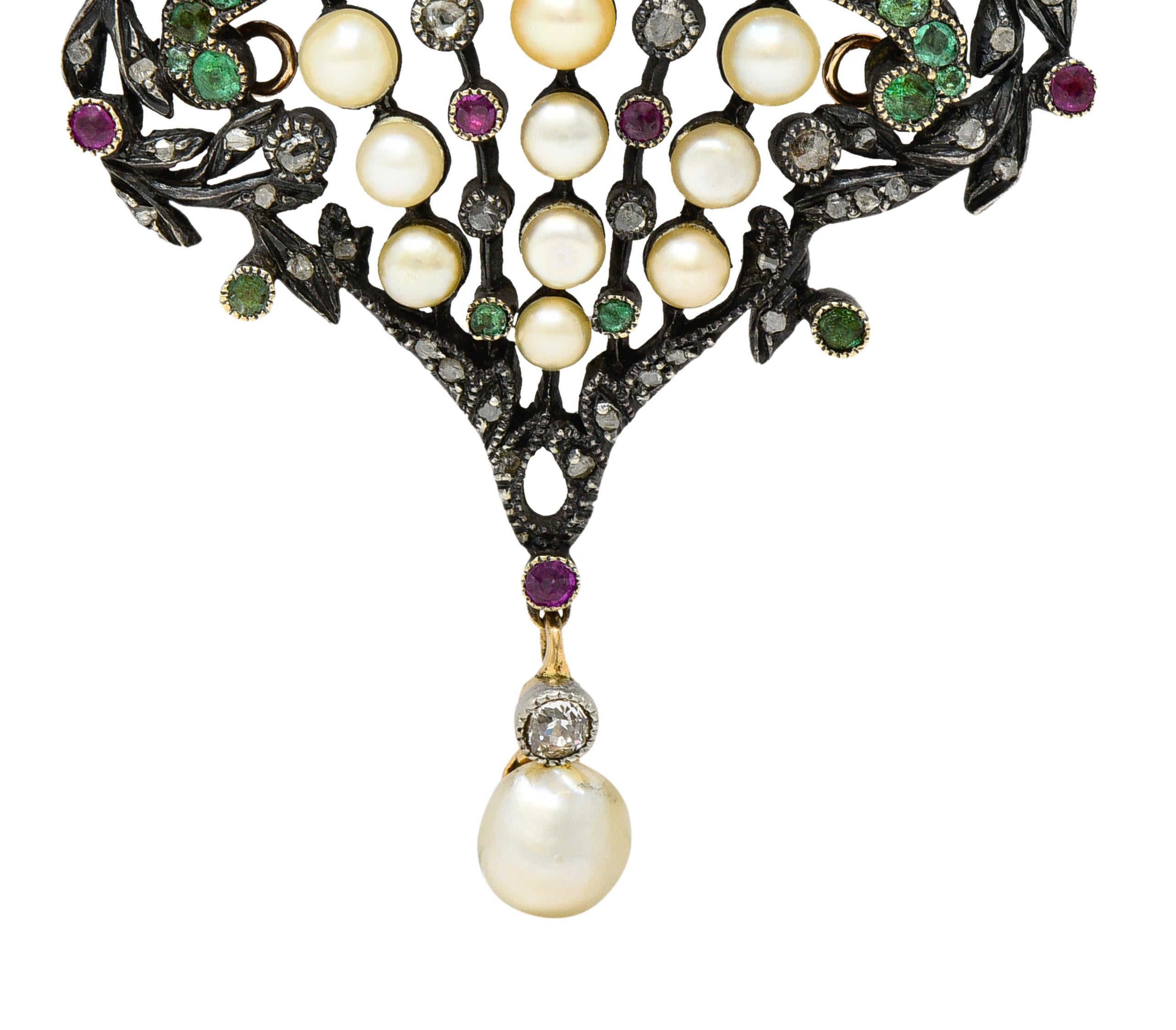 Viktorianische Diamant-Rubin-Smaragd-Perlen-Silber-Brosche mit Giardinetti-Anhänger aus 18 Karat im Angebot 1