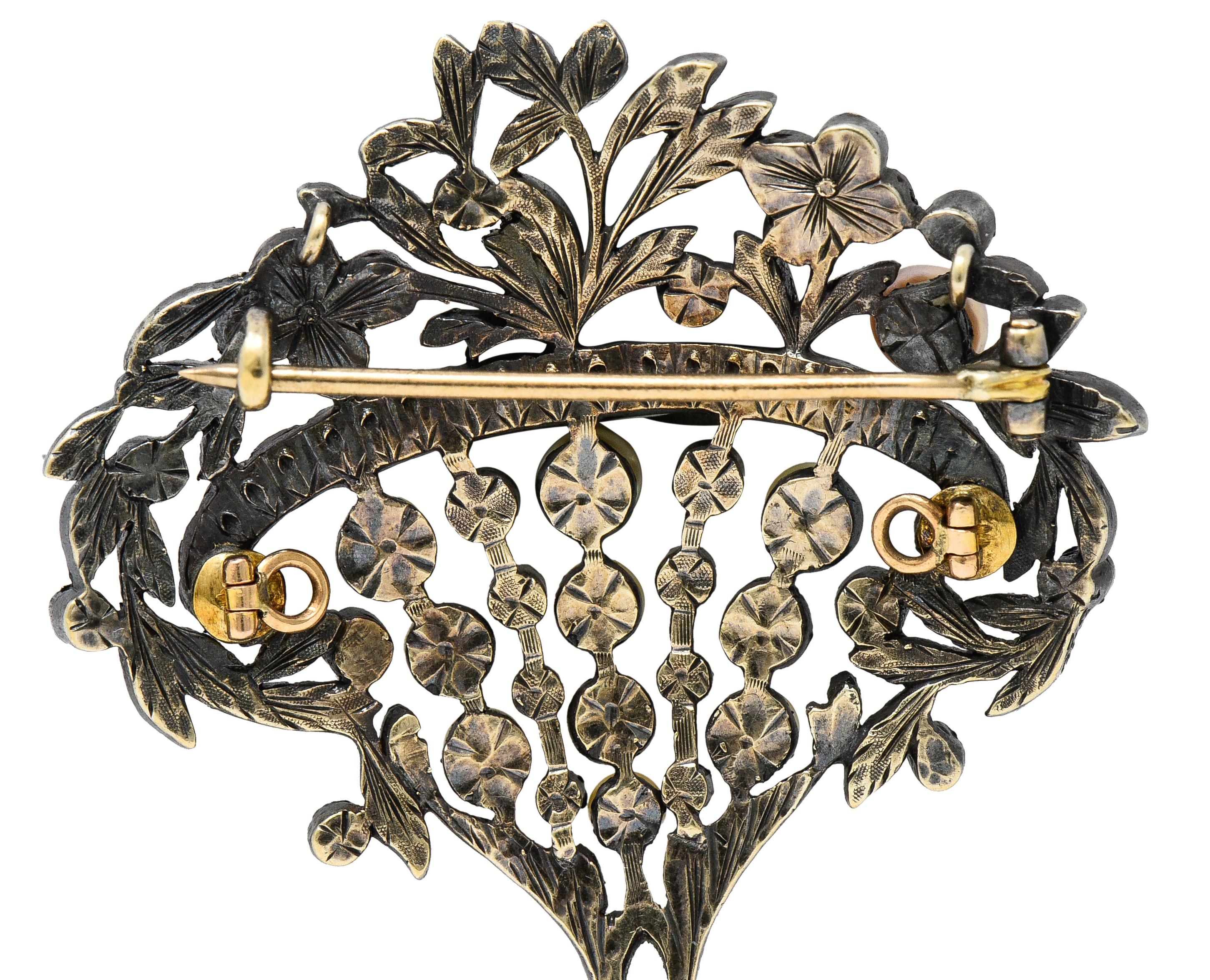 Viktorianische Diamant-Rubin-Smaragd-Perlen-Silber-Brosche mit Giardinetti-Anhänger aus 18 Karat im Angebot 2