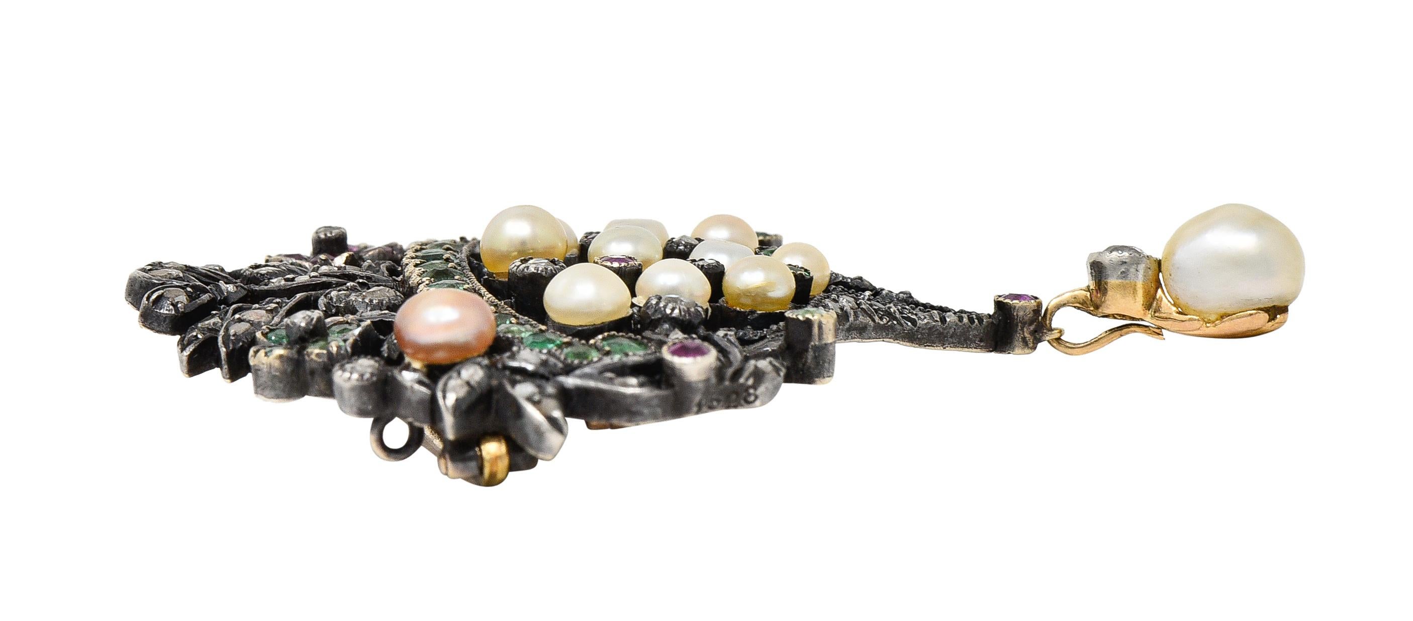 Viktorianische Diamant-Rubin-Smaragd-Perlen-Silber-Brosche mit Giardinetti-Anhänger aus 18 Karat im Angebot 3