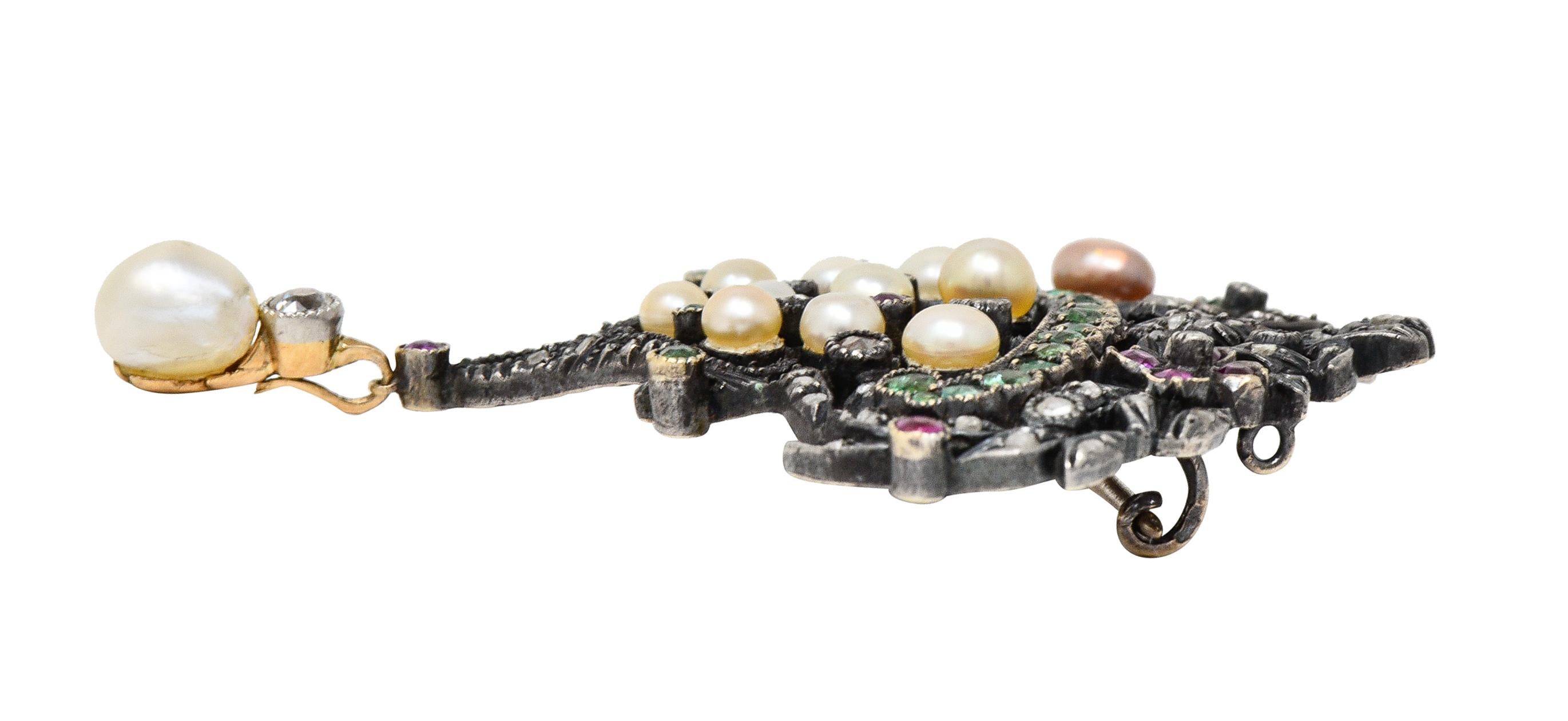 Viktorianische Diamant-Rubin-Smaragd-Perlen-Silber-Brosche mit Giardinetti-Anhänger aus 18 Karat im Angebot 4