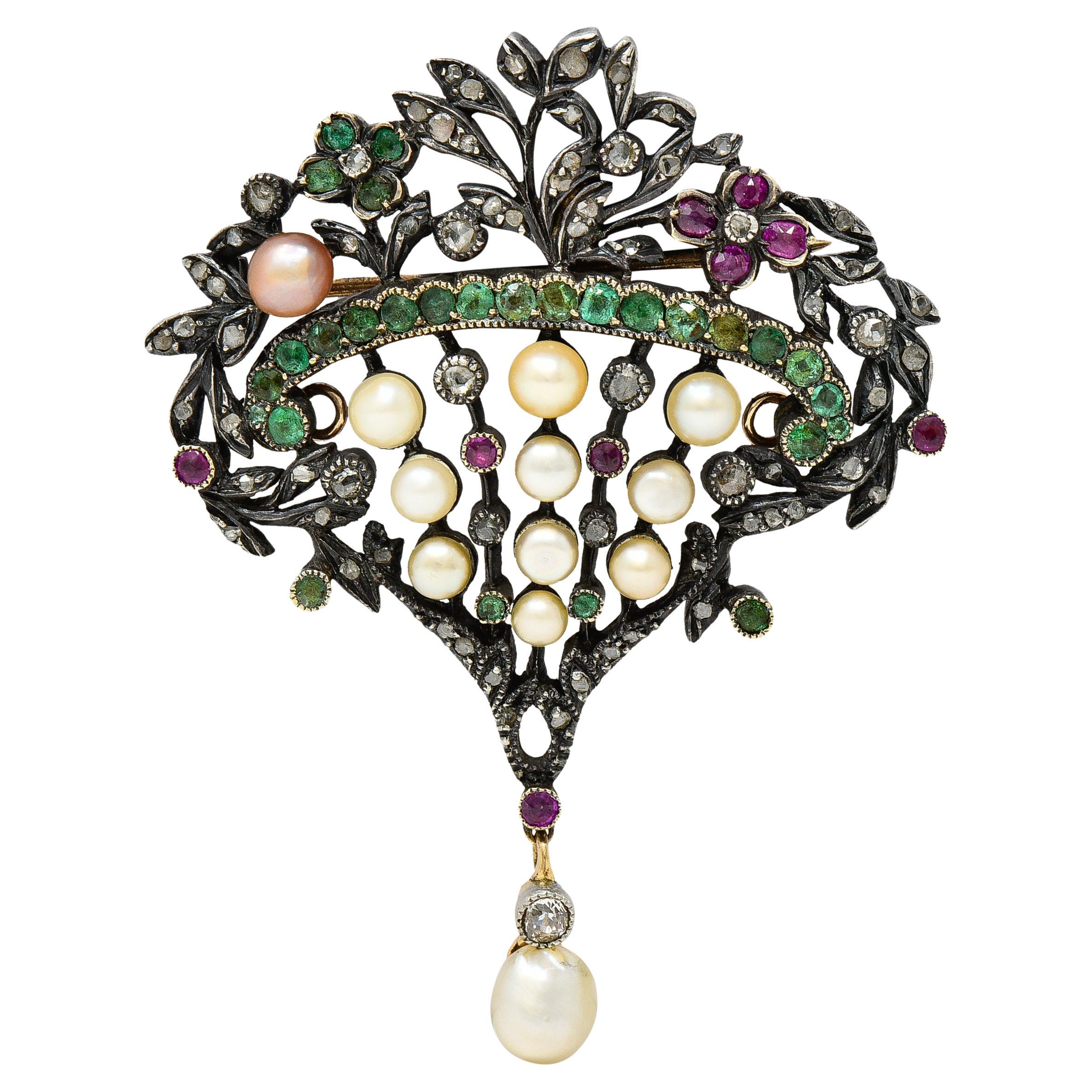 Victorian Diamond Ruby Emerald Pearl Silver 18 Karat Giardinetti Pendant Brooch For Sale