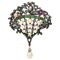 Victorian Diamond Ruby Emerald Pearl Silver 18 Karat Giardinetti Pendant Brooch