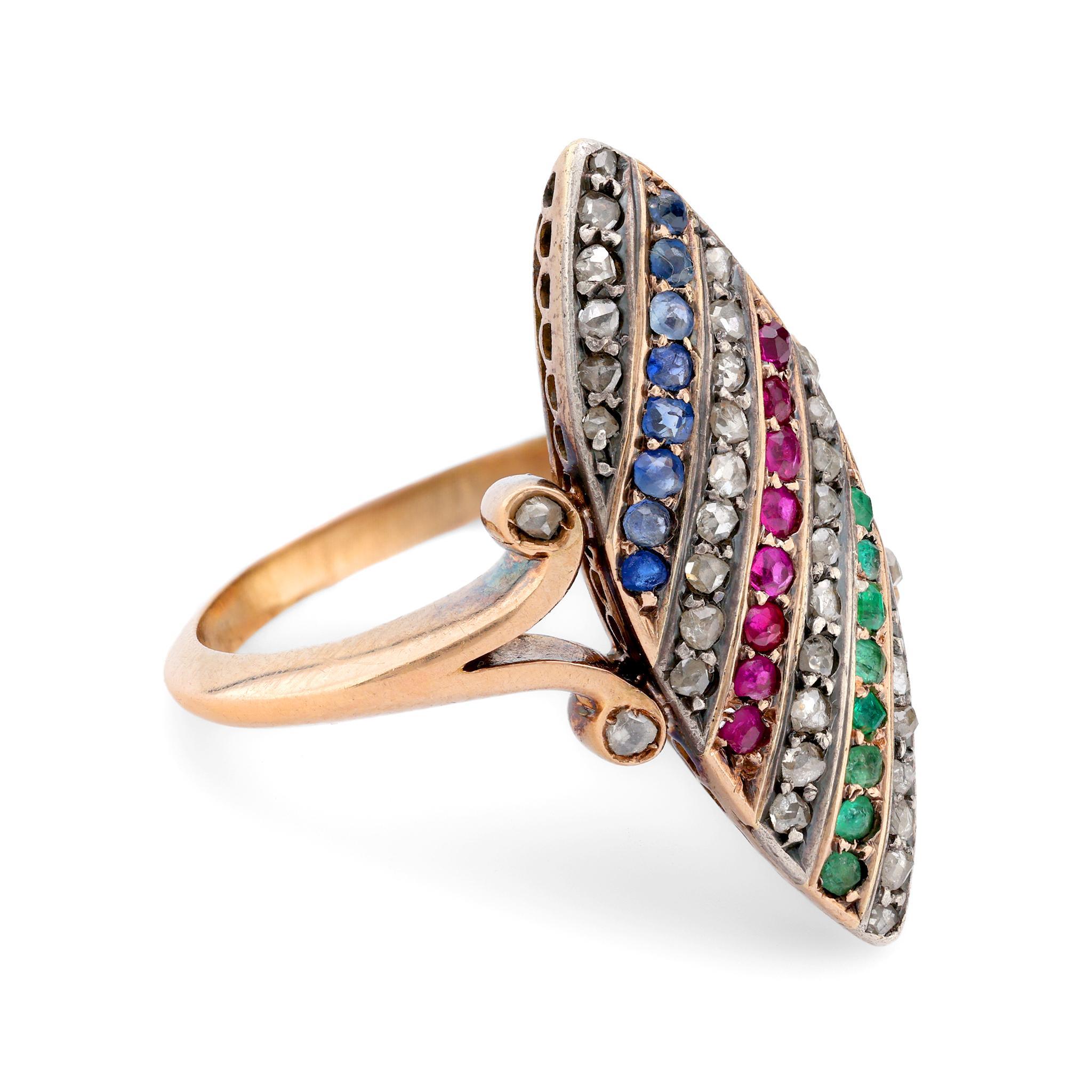 Anillo victoriano Navette de plata y oro amarillo de 18 quilates con diamante, rubí, esmeralda y zafiro Victoriano en venta