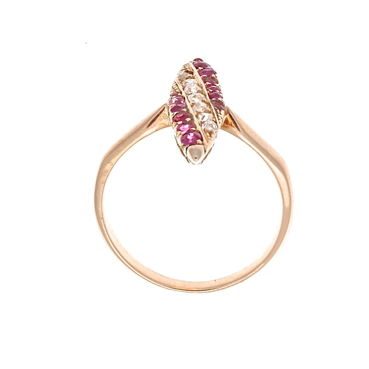Victorian Diamond Ruby Gold Navette Ring In Excellent Condition In Beverly Hills, CA