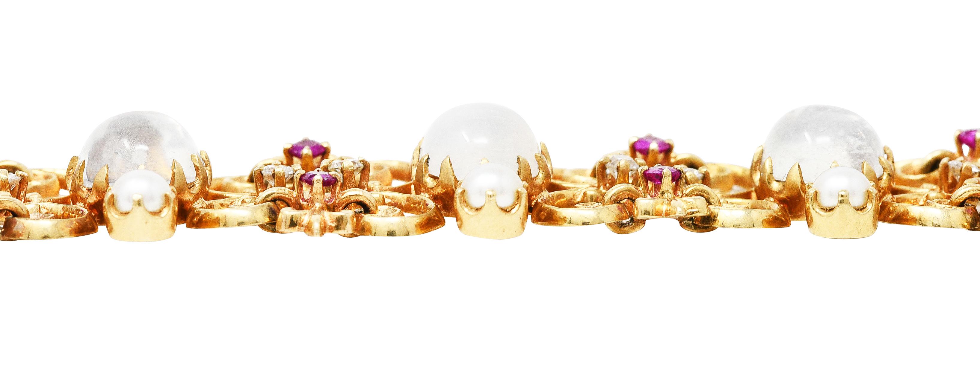Victorian Diamond Ruby Moonstone Pearl 14 Karat Gold Fleur-De-Lis Link Bracelet 5