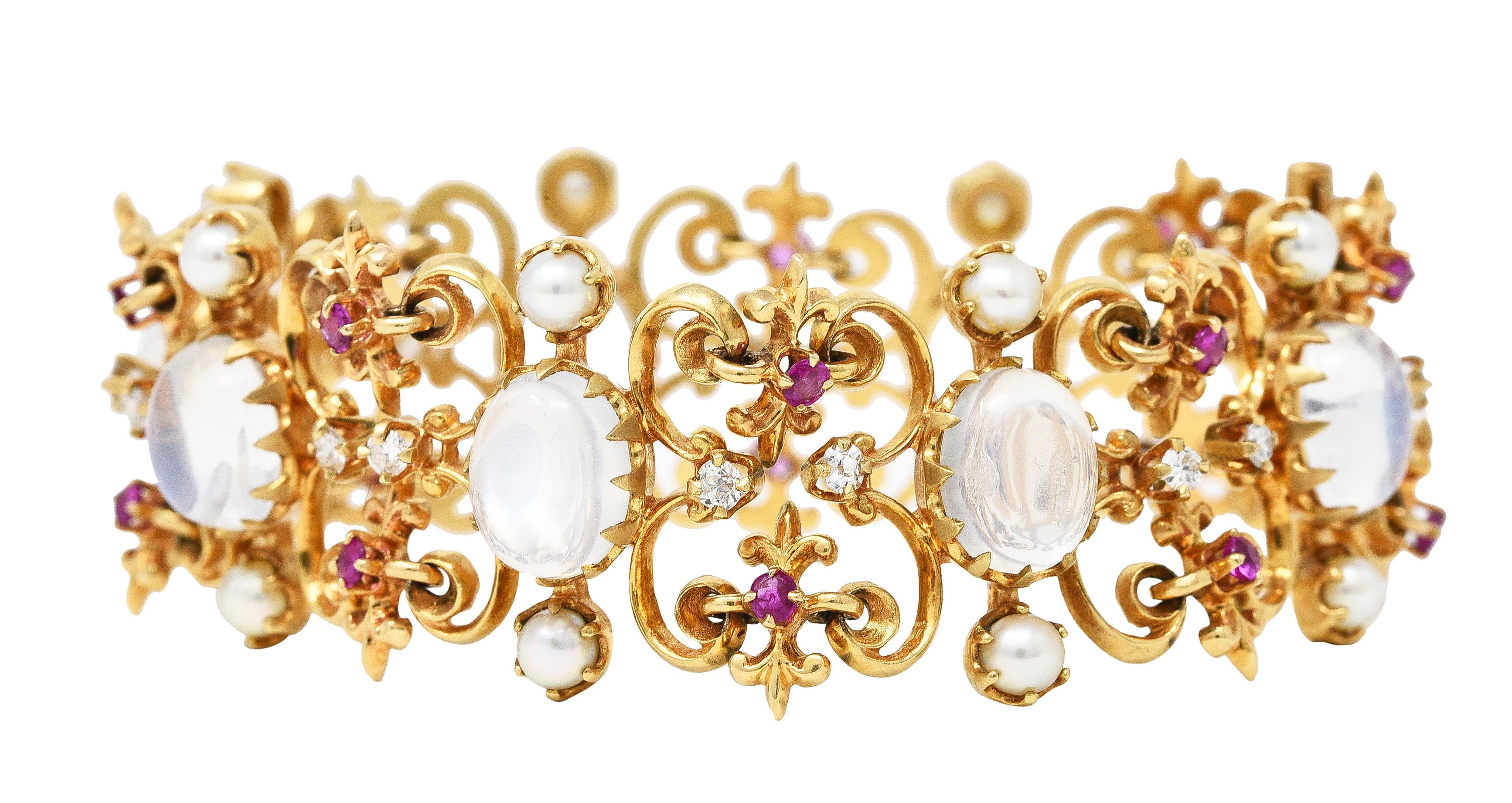 Victorian Diamond Ruby Moonstone Pearl 14 Karat Gold Fleur-De-Lis Link Bracelet 6