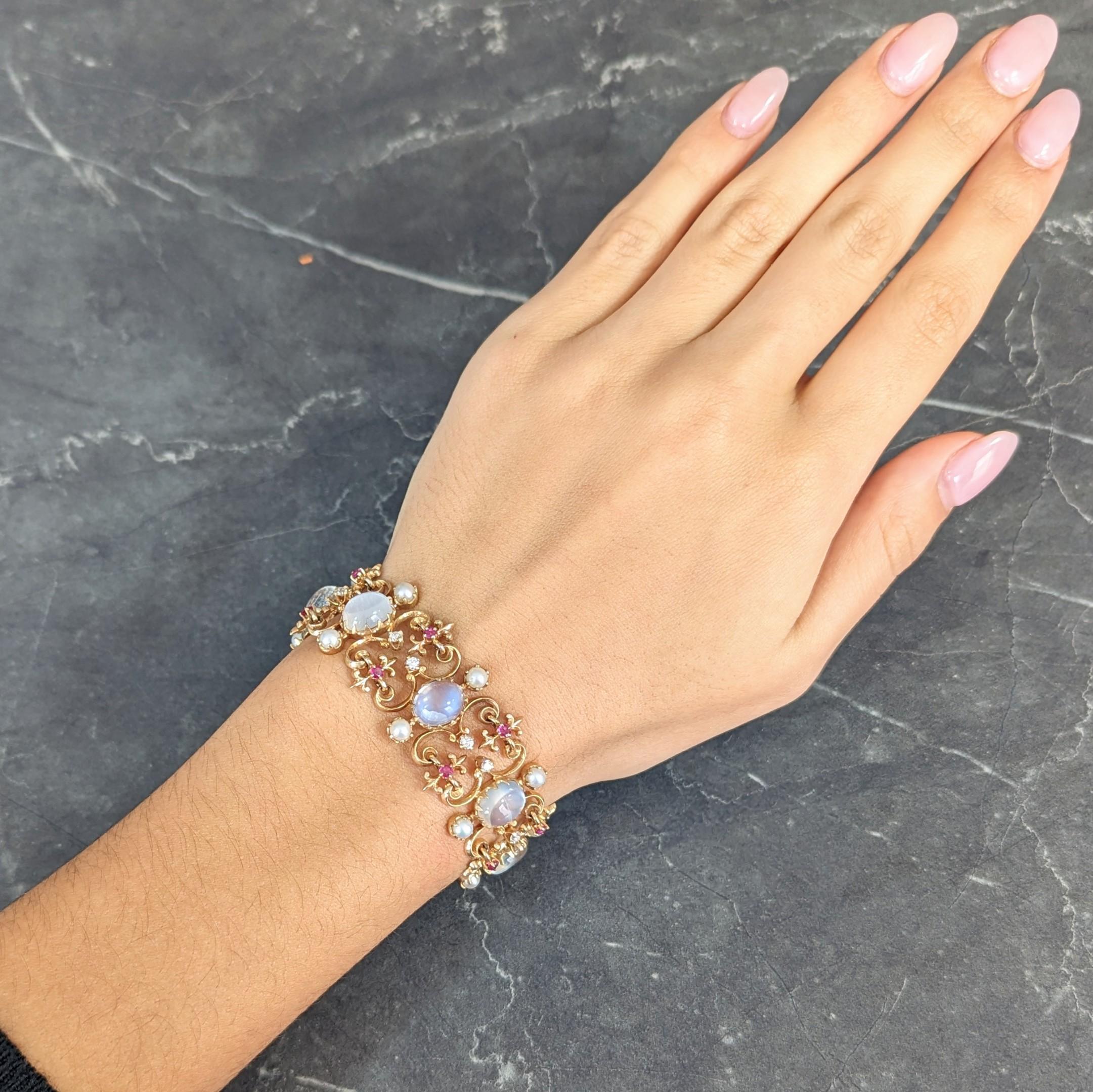 Victorian Diamond Ruby Moonstone Pearl 14 Karat Gold Fleur-De-Lis Link Bracelet 7