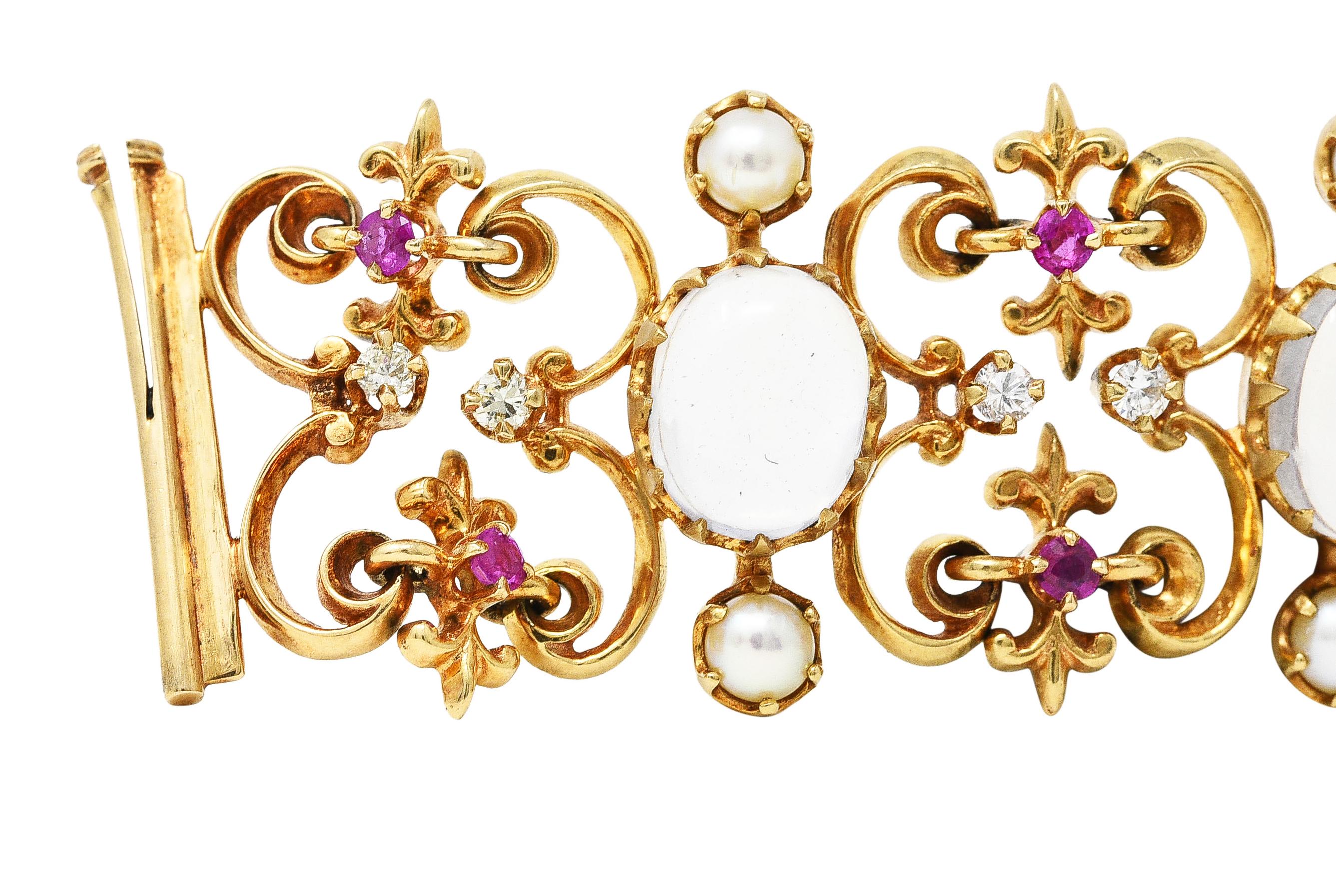 Victorian Diamond Ruby Moonstone Pearl 14 Karat Gold Fleur-De-Lis Link Bracelet In Excellent Condition In Philadelphia, PA