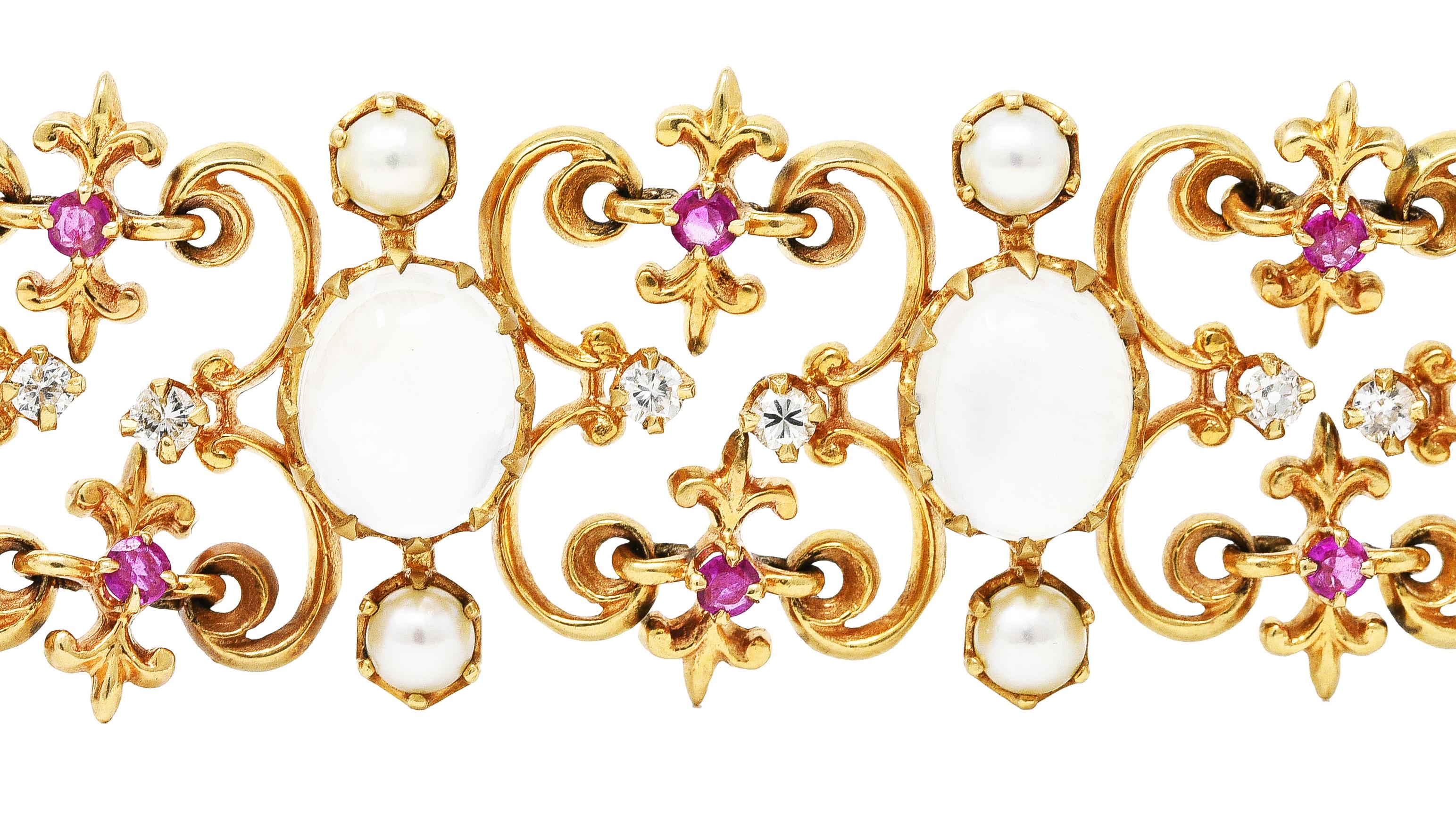 Women's or Men's Victorian Diamond Ruby Moonstone Pearl 14 Karat Gold Fleur-De-Lis Link Bracelet