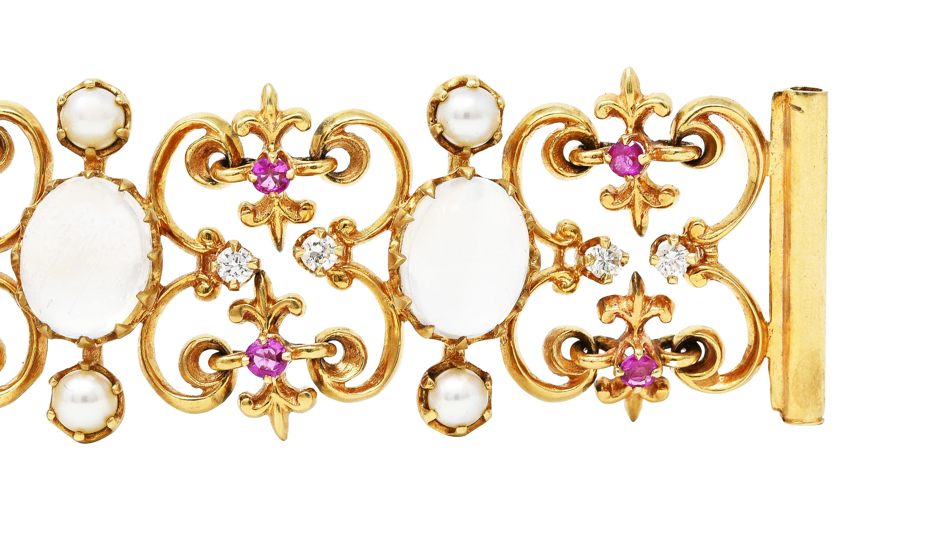 Victorian Diamond Ruby Moonstone Pearl 14 Karat Gold Fleur-De-Lis Link Bracelet 1