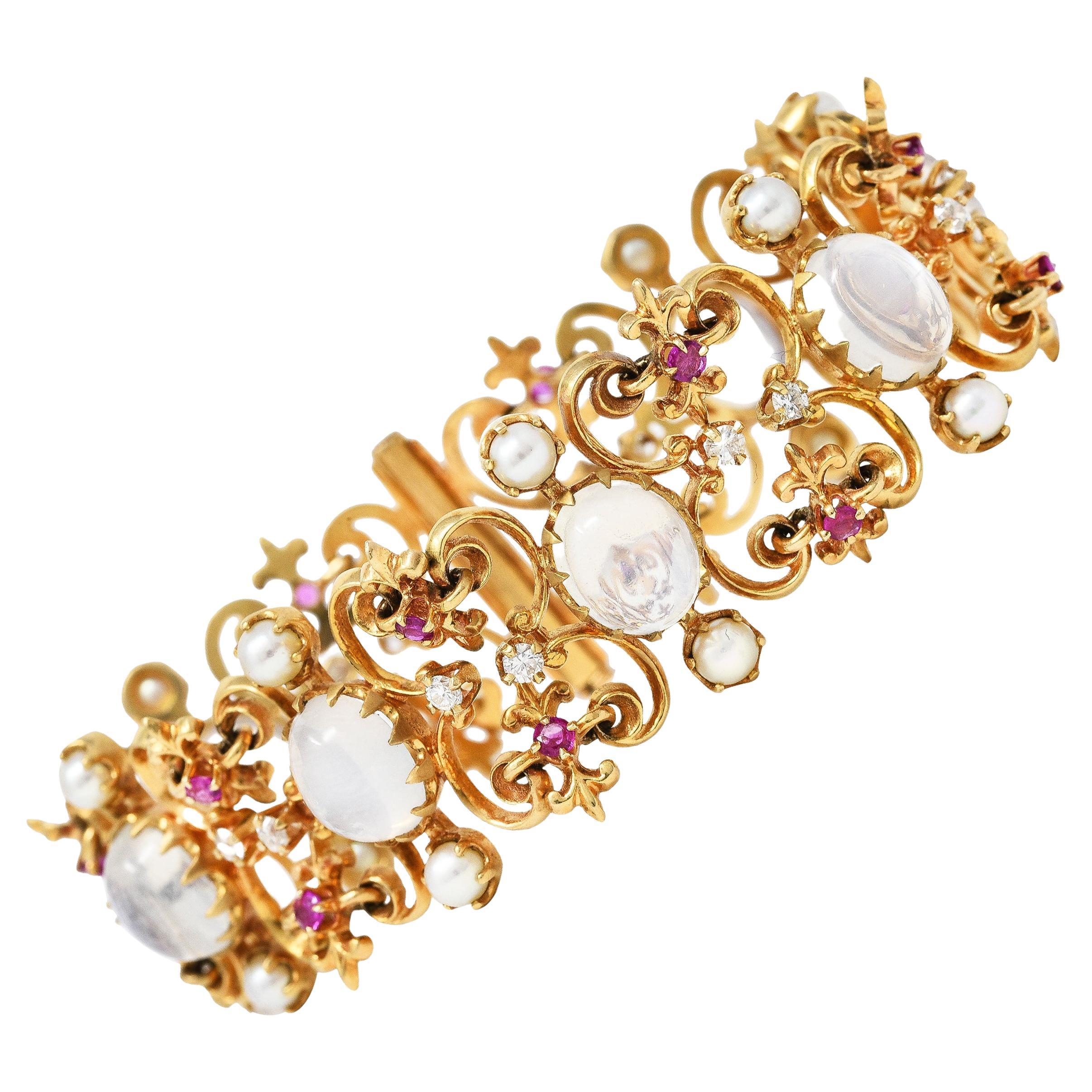 Victorian Diamond Ruby Moonstone Pearl 14 Karat Gold Fleur-De-Lis Link Bracelet