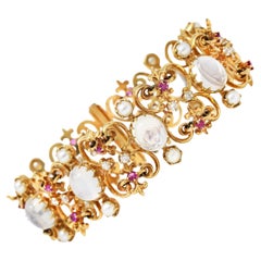 Victorian Diamond Ruby Moonstone Pearl 14 Karat Gold Fleur-De-Lis Link Bracelet
