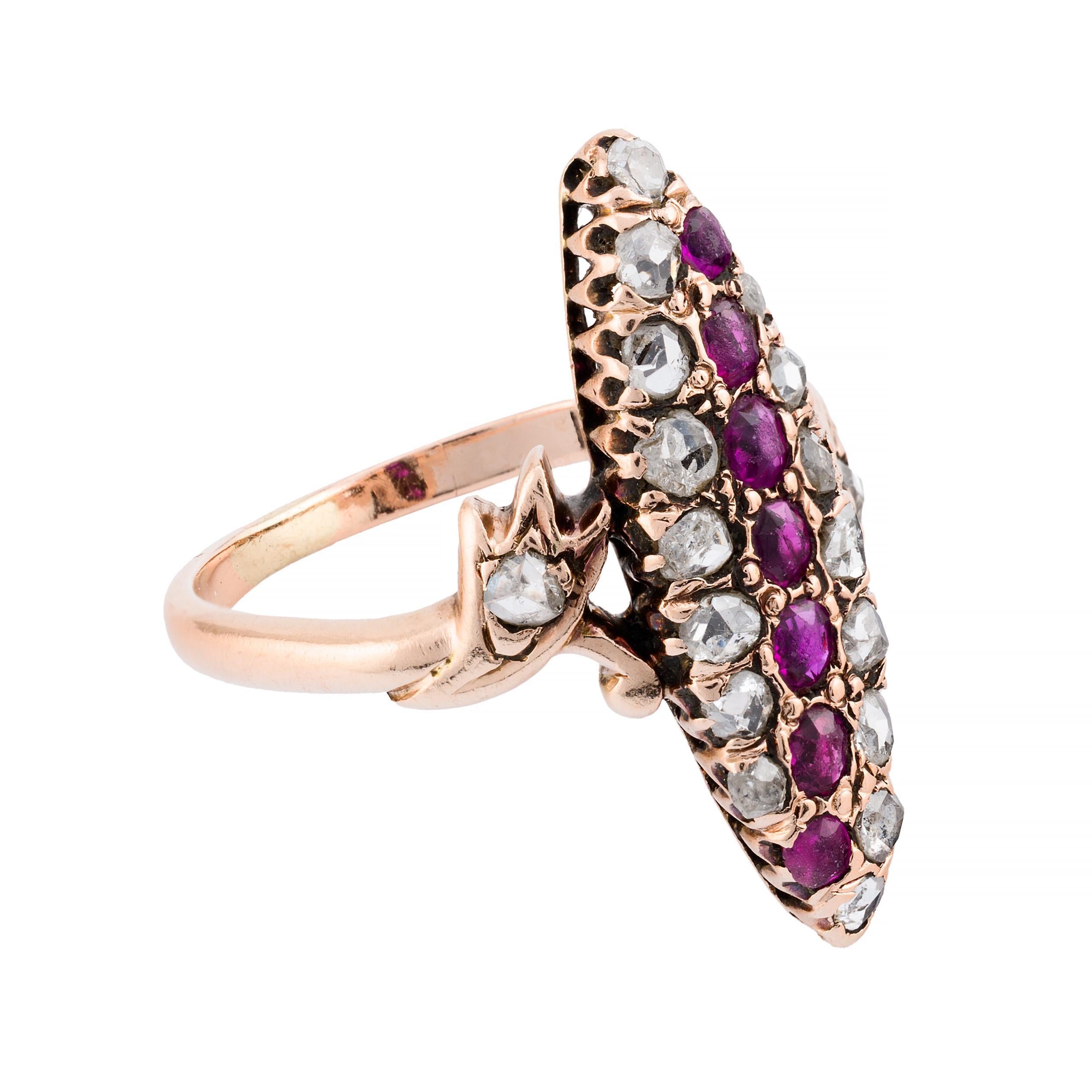 Aston Estate Jewelry Presents:

A distinguished Victorian navette ring from 1870. 

Crafted in 14k yellow gold, this piece features a captivating array of rose-cut diamonds, totaling 0.54 carats, with a clarity of VS2 and an H color grade.

The