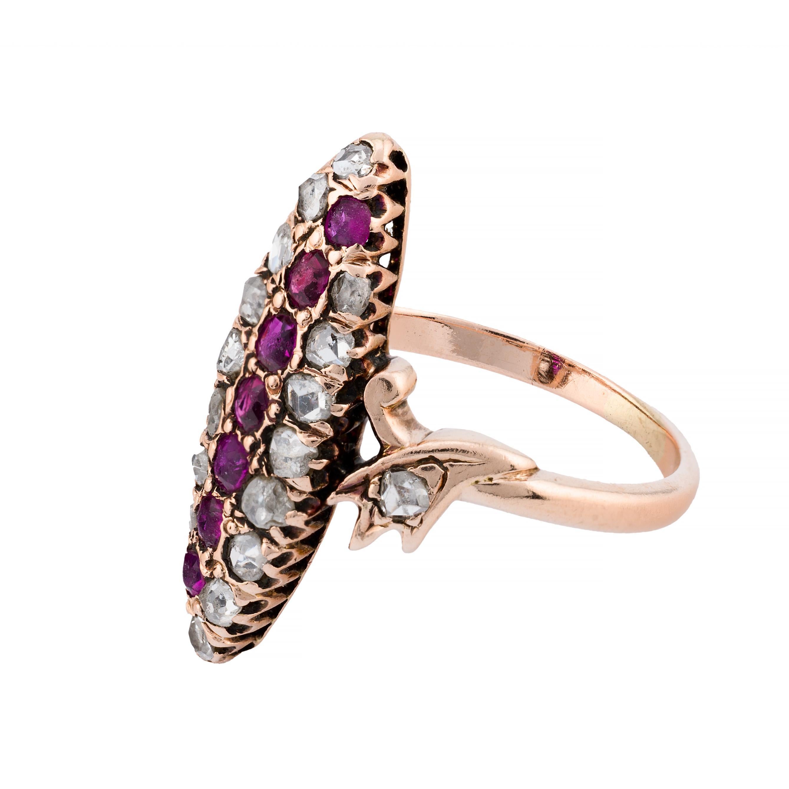 Vittoriano Victorian Diamond & Ruby Navette Ring in 14 Karat Yellow Gold in vendita