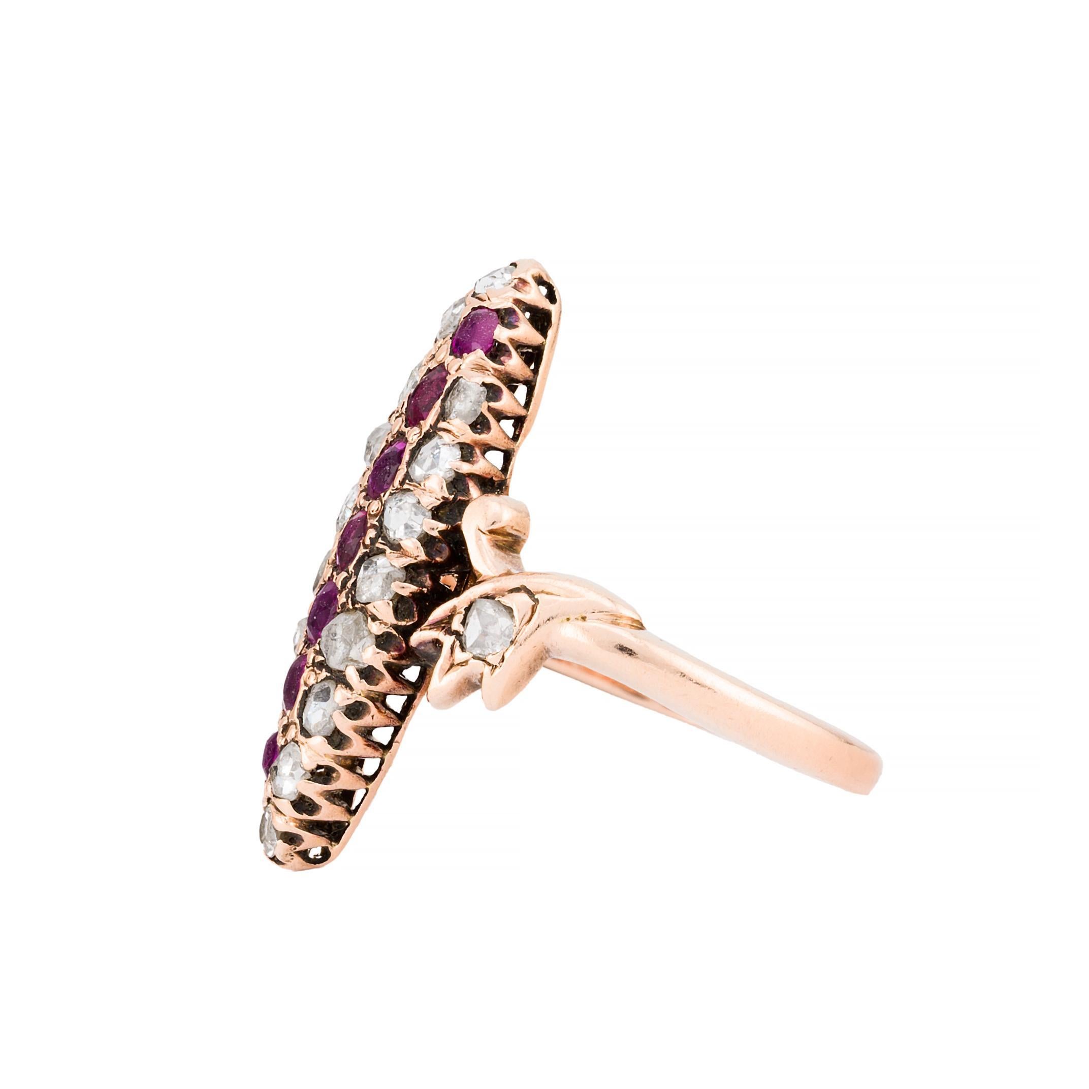 Taglio a rosa Victorian Diamond & Ruby Navette Ring in 14 Karat Yellow Gold in vendita